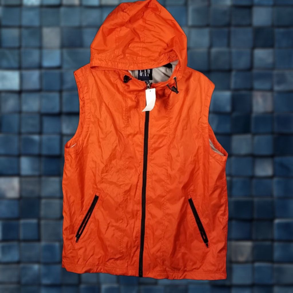 GAP Vintage Vest Mens Large Orange Tech Windbreaker Y2K Zip Full Hooded Gorpcore Zip Vest Style 90s Hip Hop Outdoor Camp Hiking Hoodie