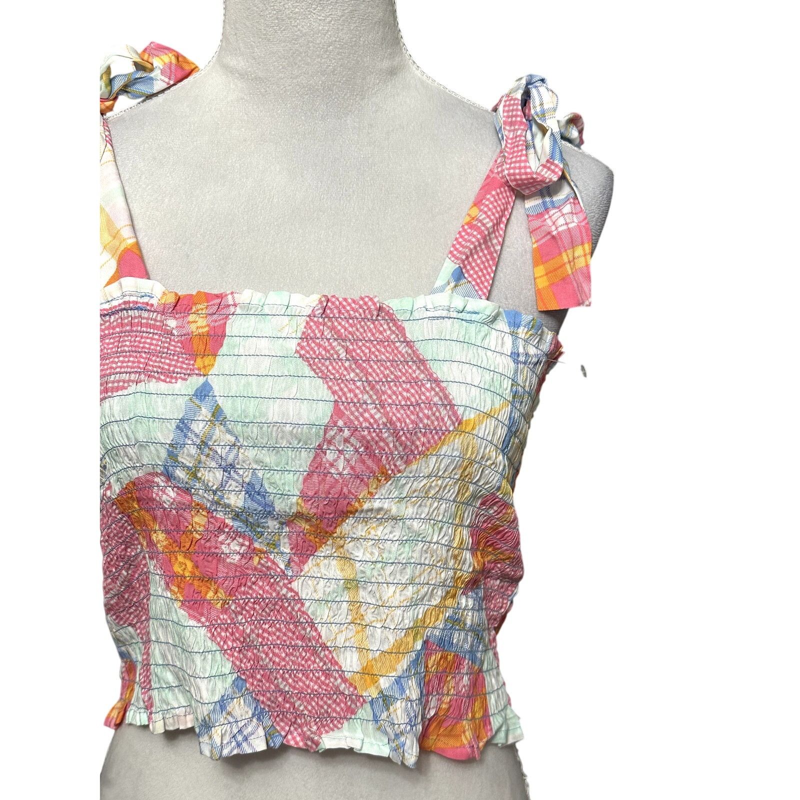 BP. BP Crop Top Smocked Shoulder Tie Geometric Multi Pastel NWOT Size L / US 10 / IT 46 - 3 Thumbnail
