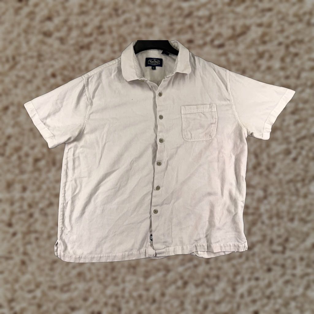 Nat Nast Nat Nast Luxury Originals Button-Up Shirt Mens XL Beige Herringbone Silk Cotton Blend Collared Short Sleeve Pockets Regular All Seasons Size US XL / EU 56 / 4 - 1 Thumbnail