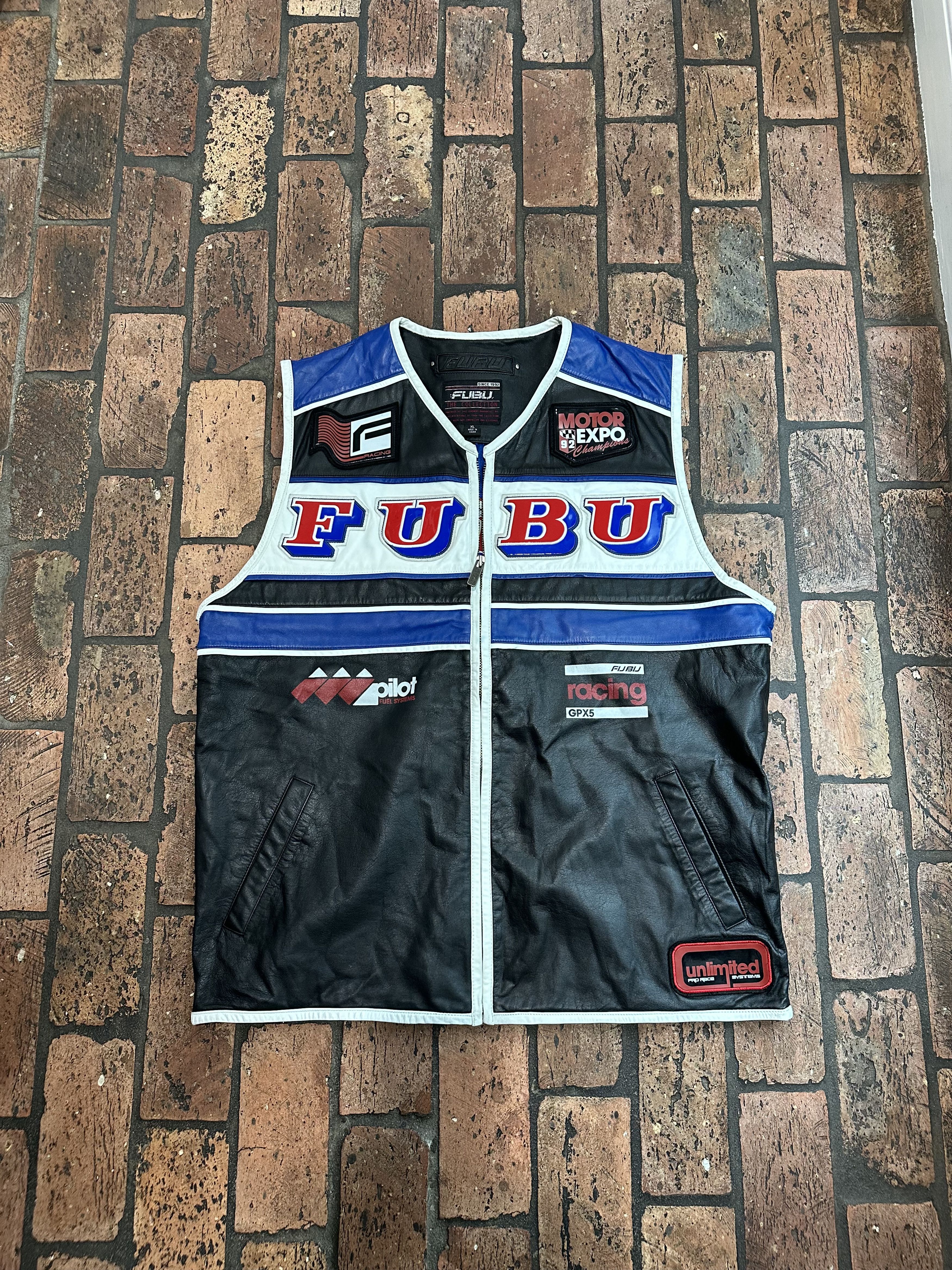 image of Fubu Genuine Leather Vest in Black/Blue, Men's (Size XL)