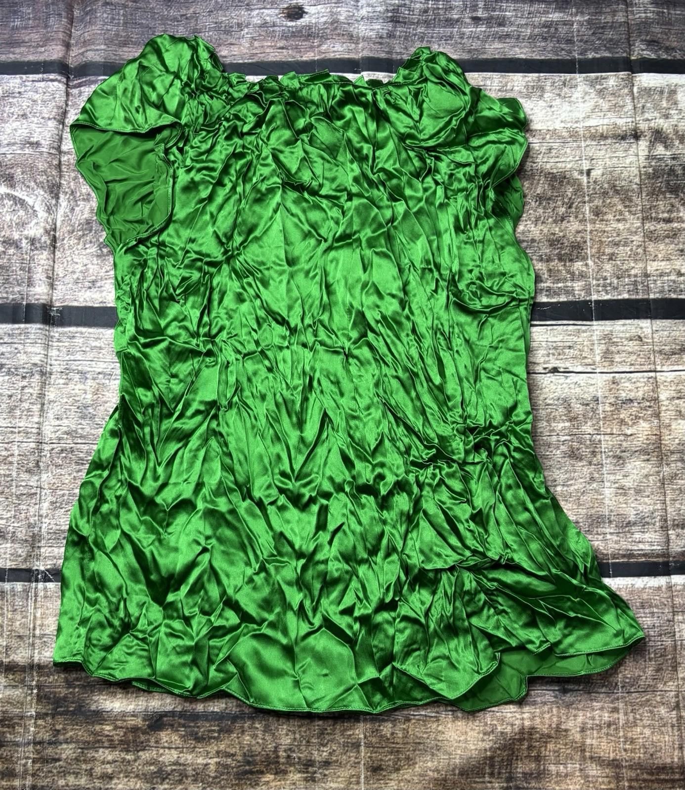 Other Nubby Silk Top Women's Medium Satin Green Puff Sleeve Ruffle Size M / US 6-8 / IT 42-44 - 3 Thumbnail