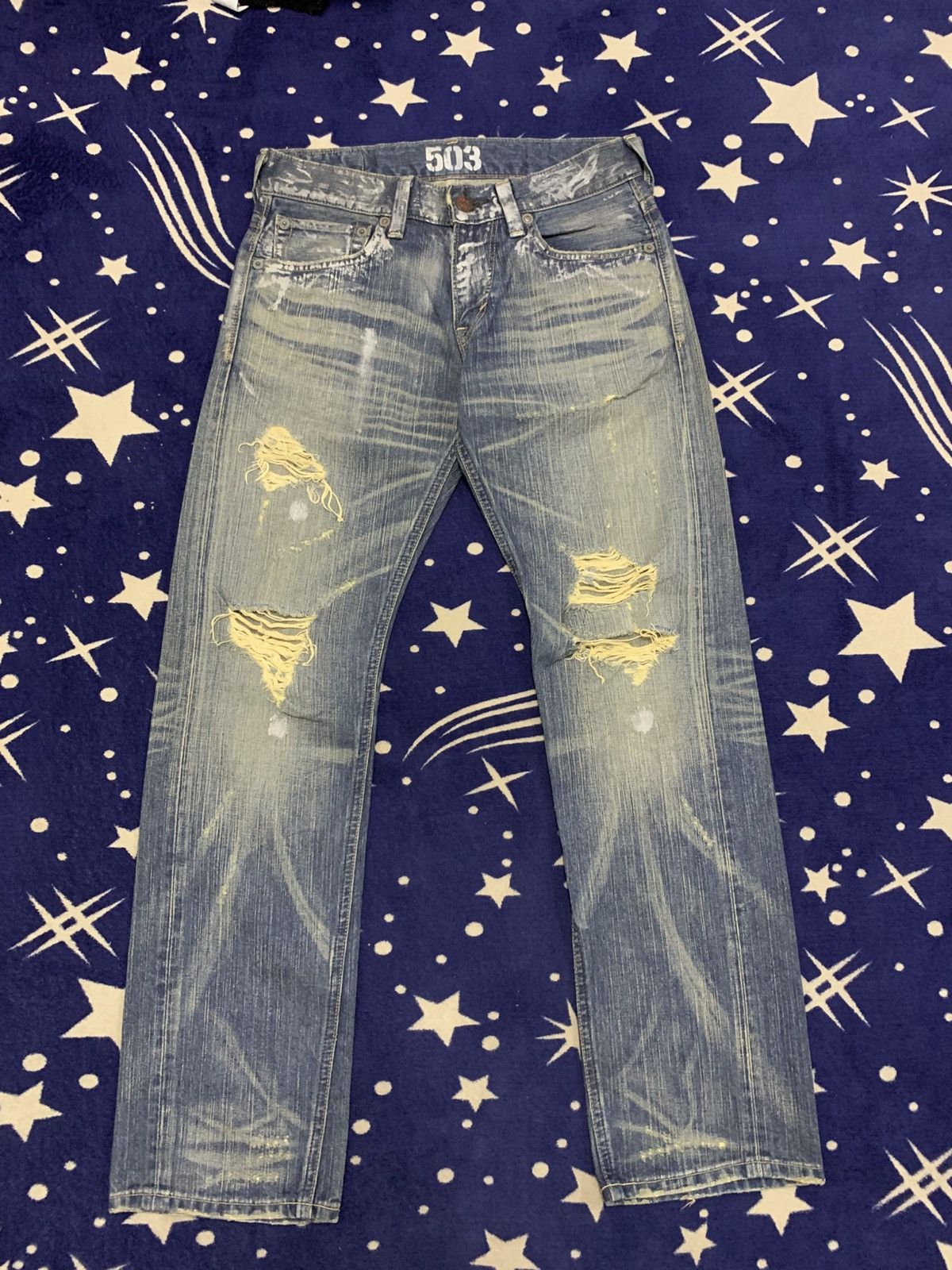 Edwin Vtg EDWIN Blue Trip 503 Distressed Painted Jeans Size US 32 / EU 48 - 1 Thumbnail