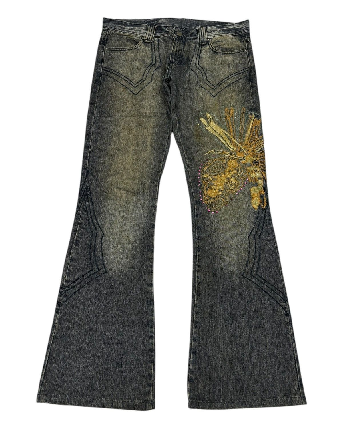 Pre-owned If Six Was Nine X Tornado Mart Dragonfly Embroidery Flared Jeans In Black