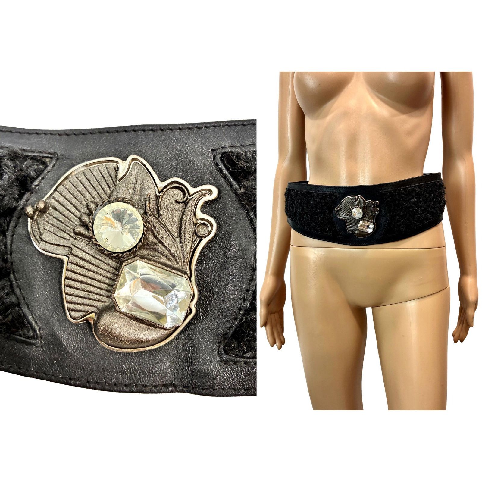 Genuine Leather × Vintage 80s GLAM Black Leather Persian Lamb Wide Waist Belt Size ONE SIZE - 2 Thumbnail