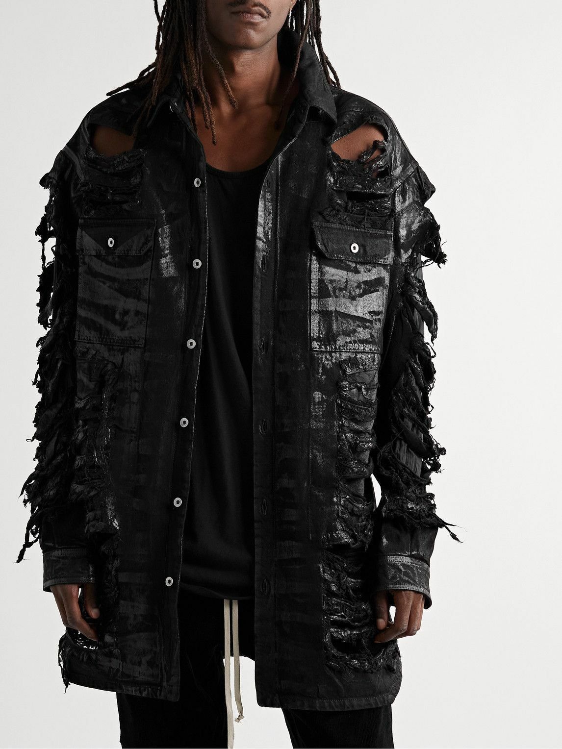 Image of Rick Owens Drkshdw Rick Owens Strobe Oversized Distressed Coated-Jacket $2120 in Black (Size Small)