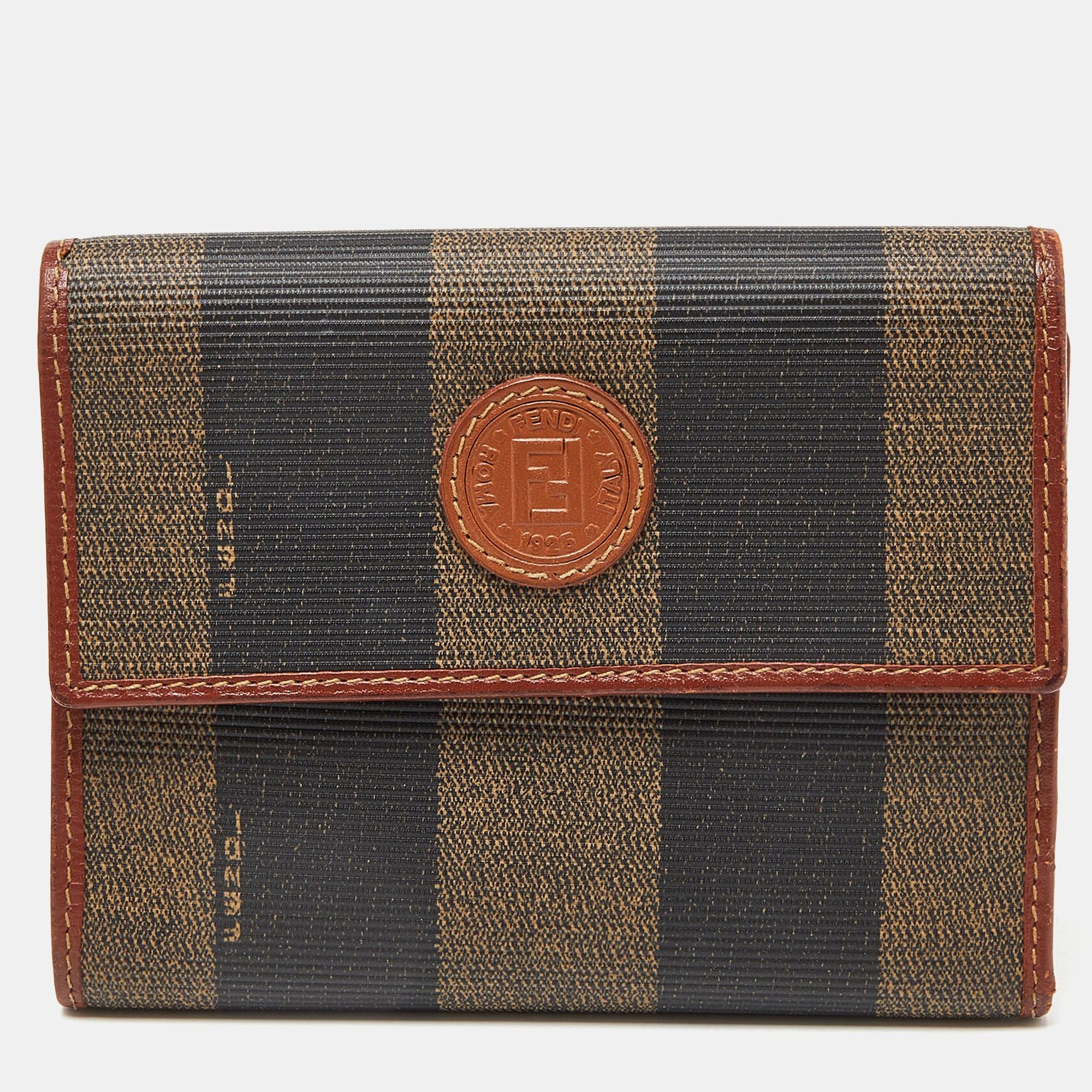 image of Fendi Brown/tan Pequin Coated Canvas And Leather Flap Compact Wallet in Black, Men's