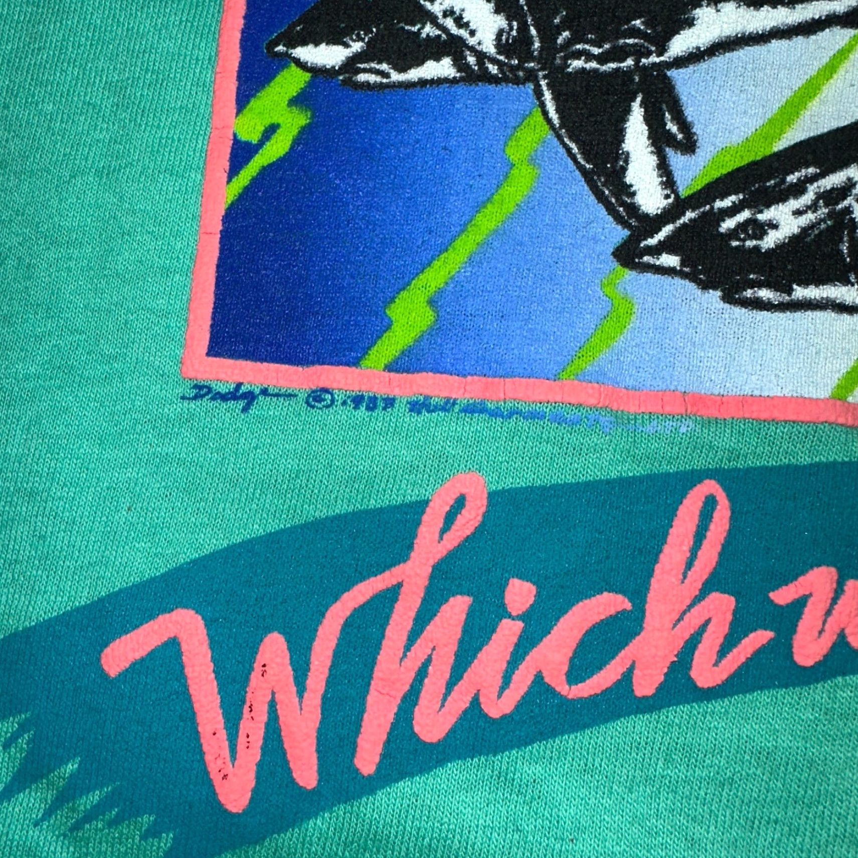Vintage SHARKS Great White 80s VTG T Shirt Single Stitch Which Way Beach Funny Art Graph Shirt Men L Green Vintage 80s Size US L / EU 52-54 / 3 - 3 Thumbnail