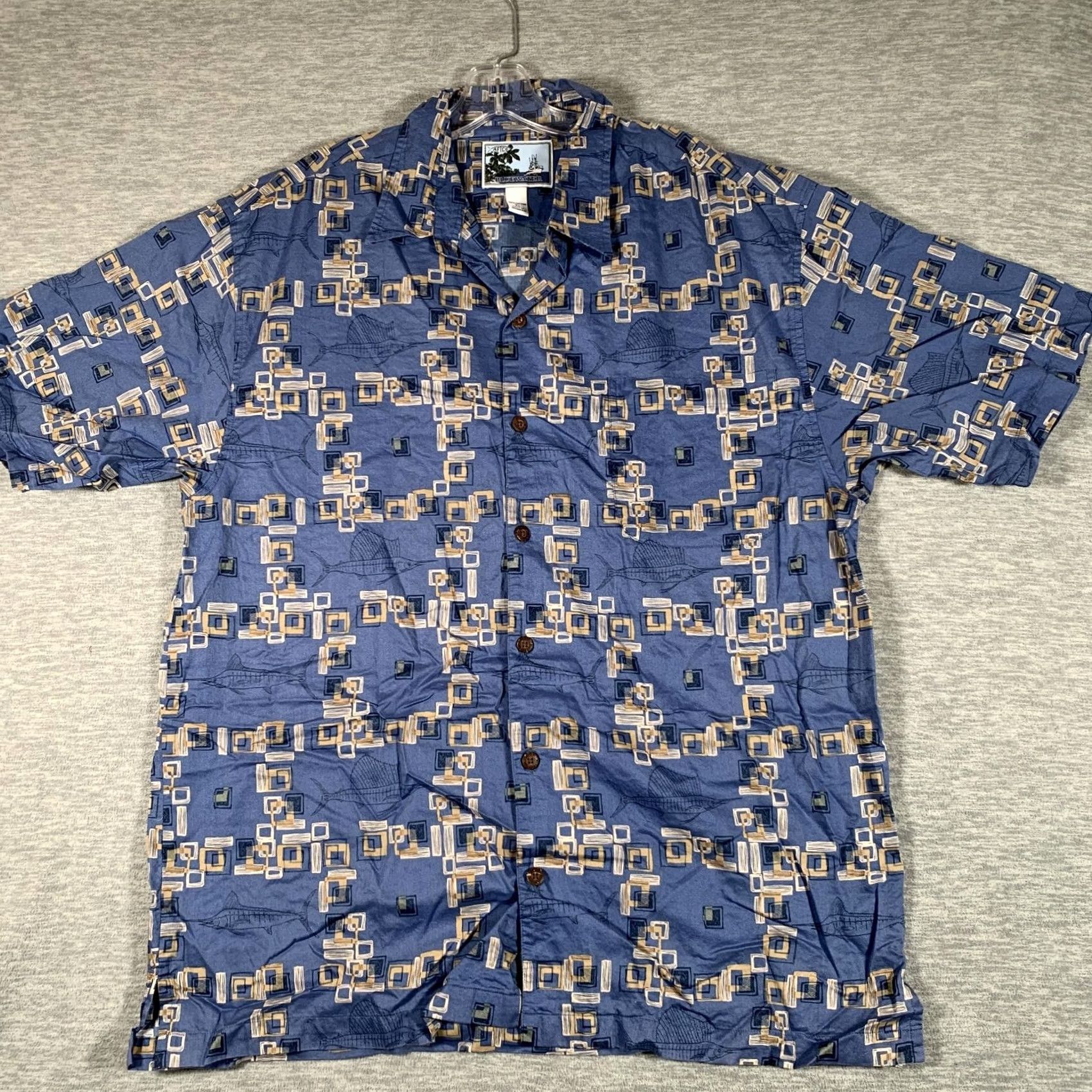 Vintage Bluewater Shirt XL Blue Geometric Fish Short Sleeve Button Front Cotton Mens Size US XL / EU 56 / 4 - 2 Thumbnail