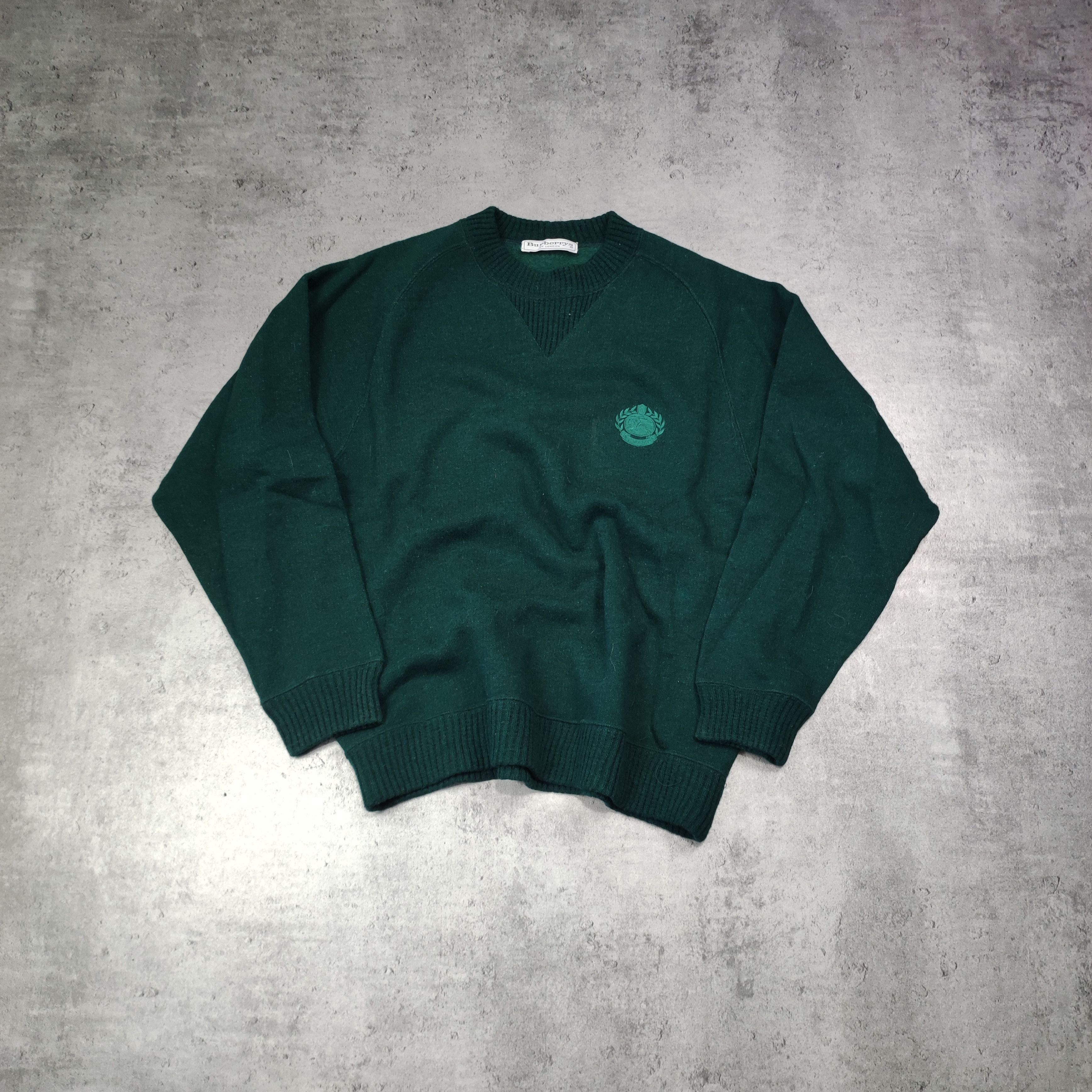 image of Vintage 90's Wool Dark Green Logo Burberry Heavy Sweater, Men's (Size Medium)