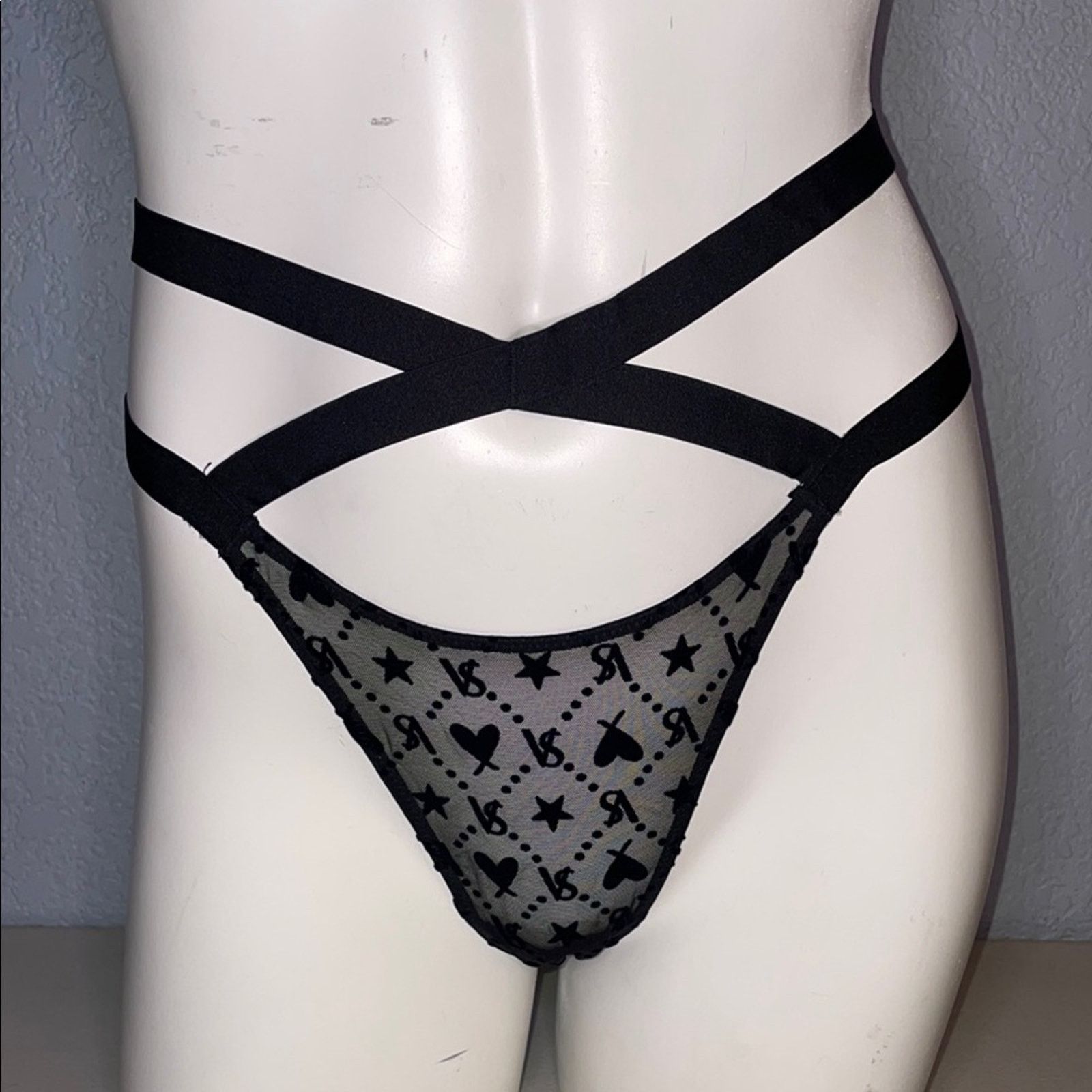 Victoria's Secret Victoria’s Secret Brazilian Thong Black Strappy VS Signature Size ONE SIZE - 1 Thumbnail