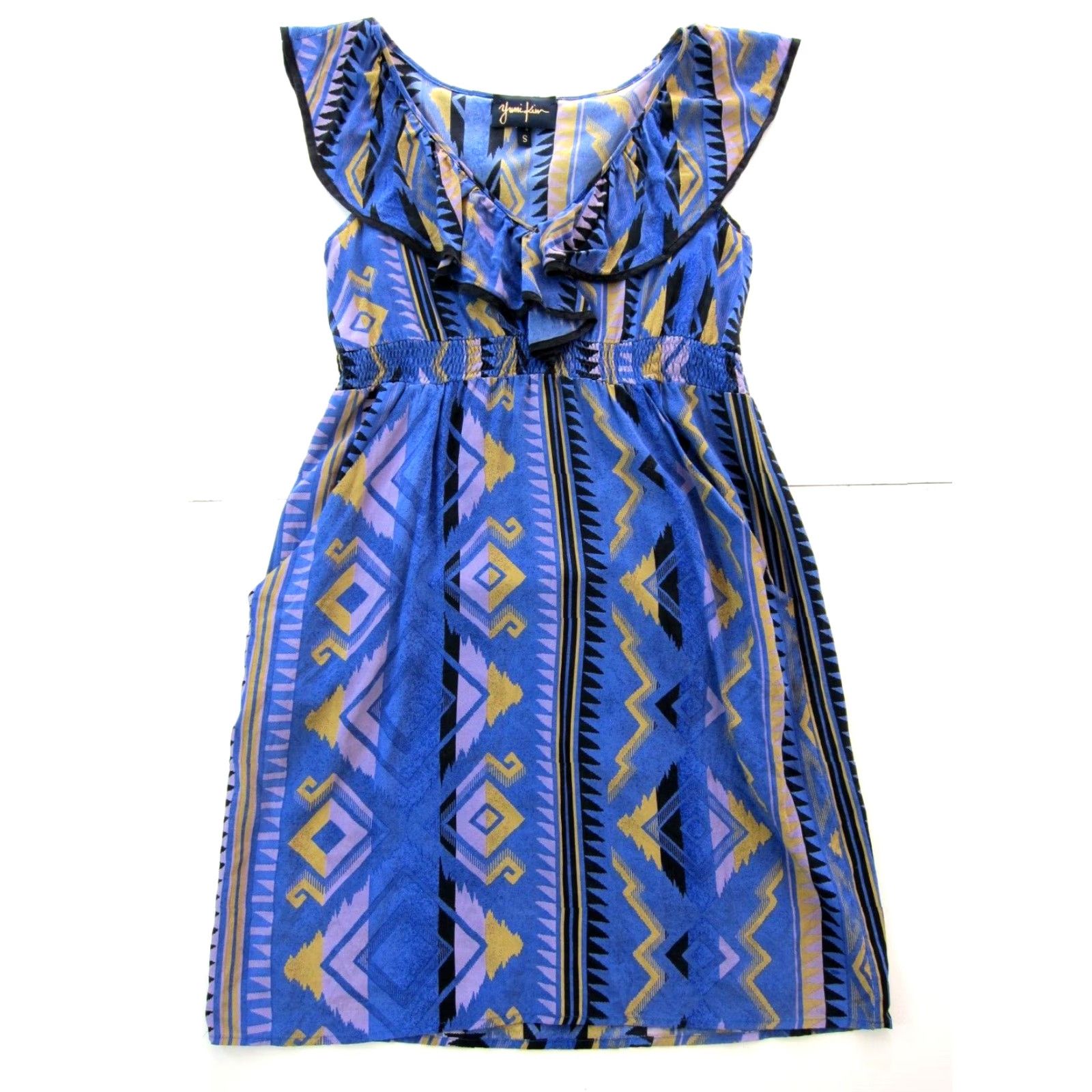 Vintage Yumi Kim 100% Silk Yellow Aztec Cap Sleeve Pocket Sheath Dress Small Size S / US 4 / IT 40 - 2 Thumbnail