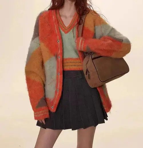 Japanese Brand Retro contrasting diamond V-neck knitted cardigan sweater Size M / US 6-8 / IT 42-44 - 1 Thumbnail