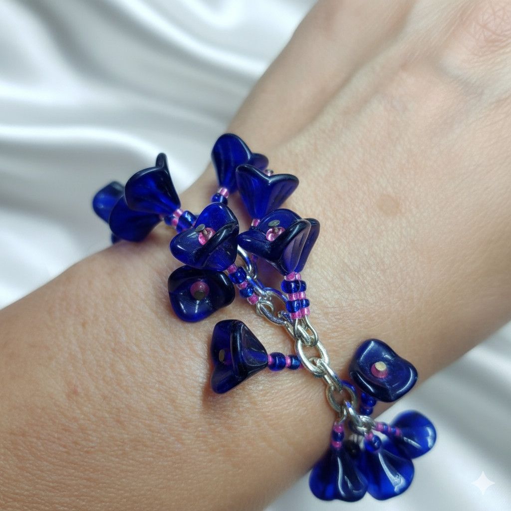 Handmade Charm Bracelet 7.25" Handmade Cobalt Blue Flower Czech Press Size ONE SIZE - 6 Thumbnail