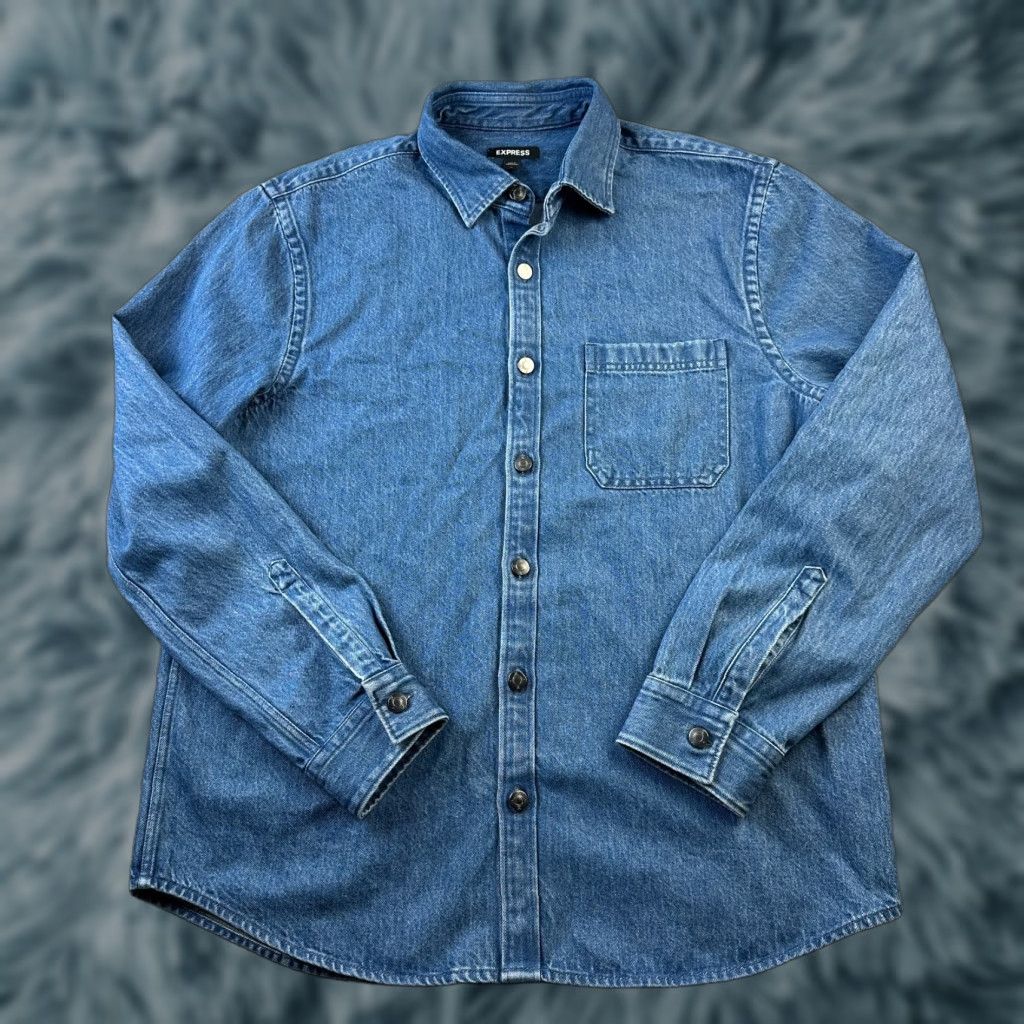 Express Express Shirt Mens Medium Blue Heavyweight Denim Shacket Button Size US M / EU 48-50 / 2 - 1 Thumbnail