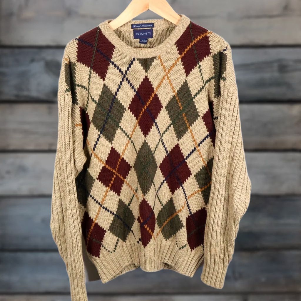 Gant VINTAGE GANT Sweater Men's Large Beige Argyle Hand Intarsia 100% Cotton Crew Neck Knit Pullover Size US L / EU 52-54 / 3 - 1 Thumbnail