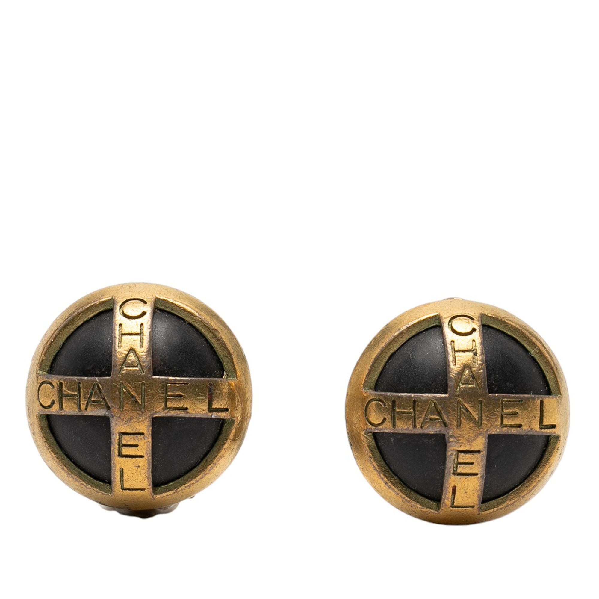 Chanel Chanel Gold Plated and Acrylic Logo Round Button Clip On Earrings Size ONE SIZE - 1 Thumbnail