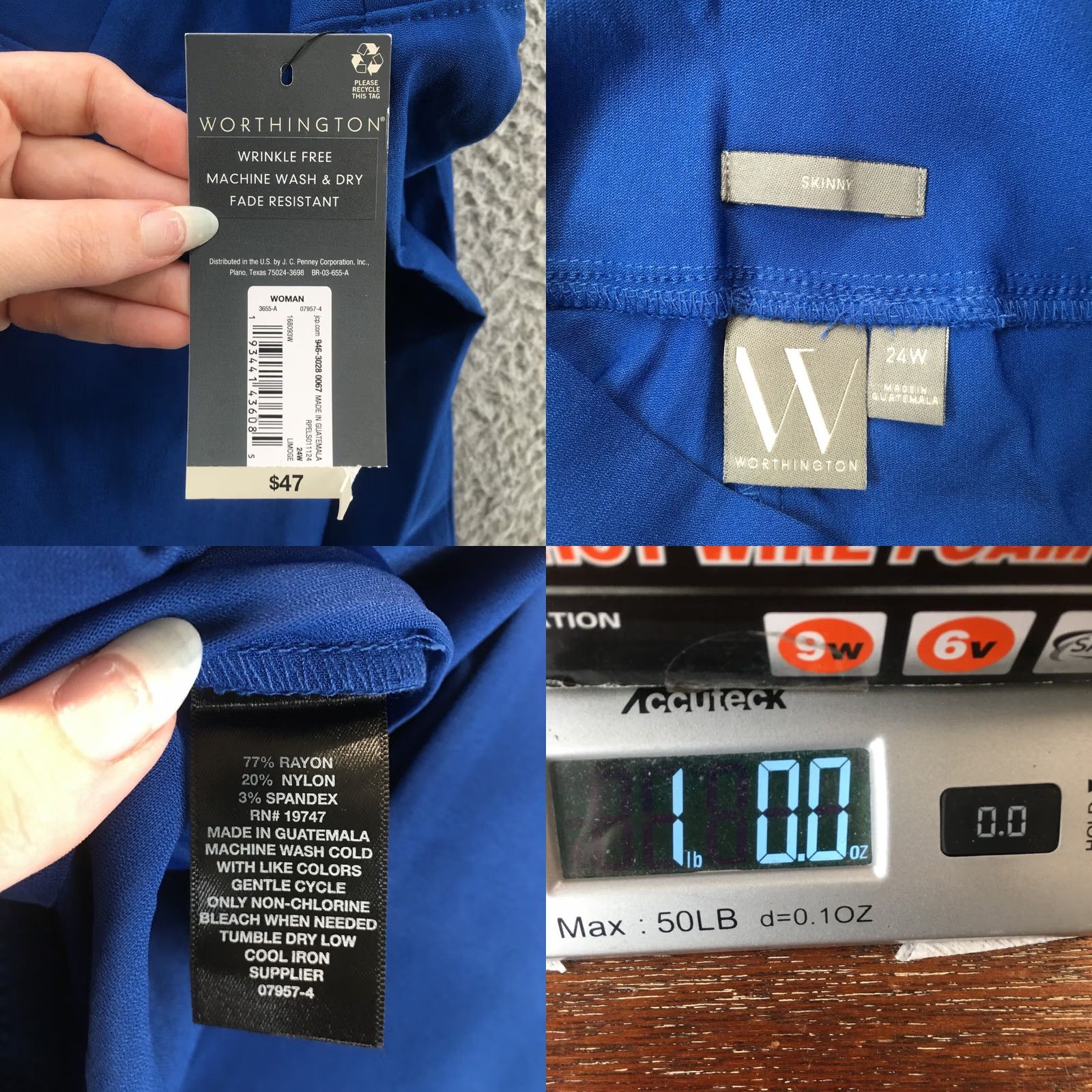 Worthington Worthington Skinny Pants Womens Blue Flat Front Pull On NEW Size 42" / US 20 - 10 Thumbnail