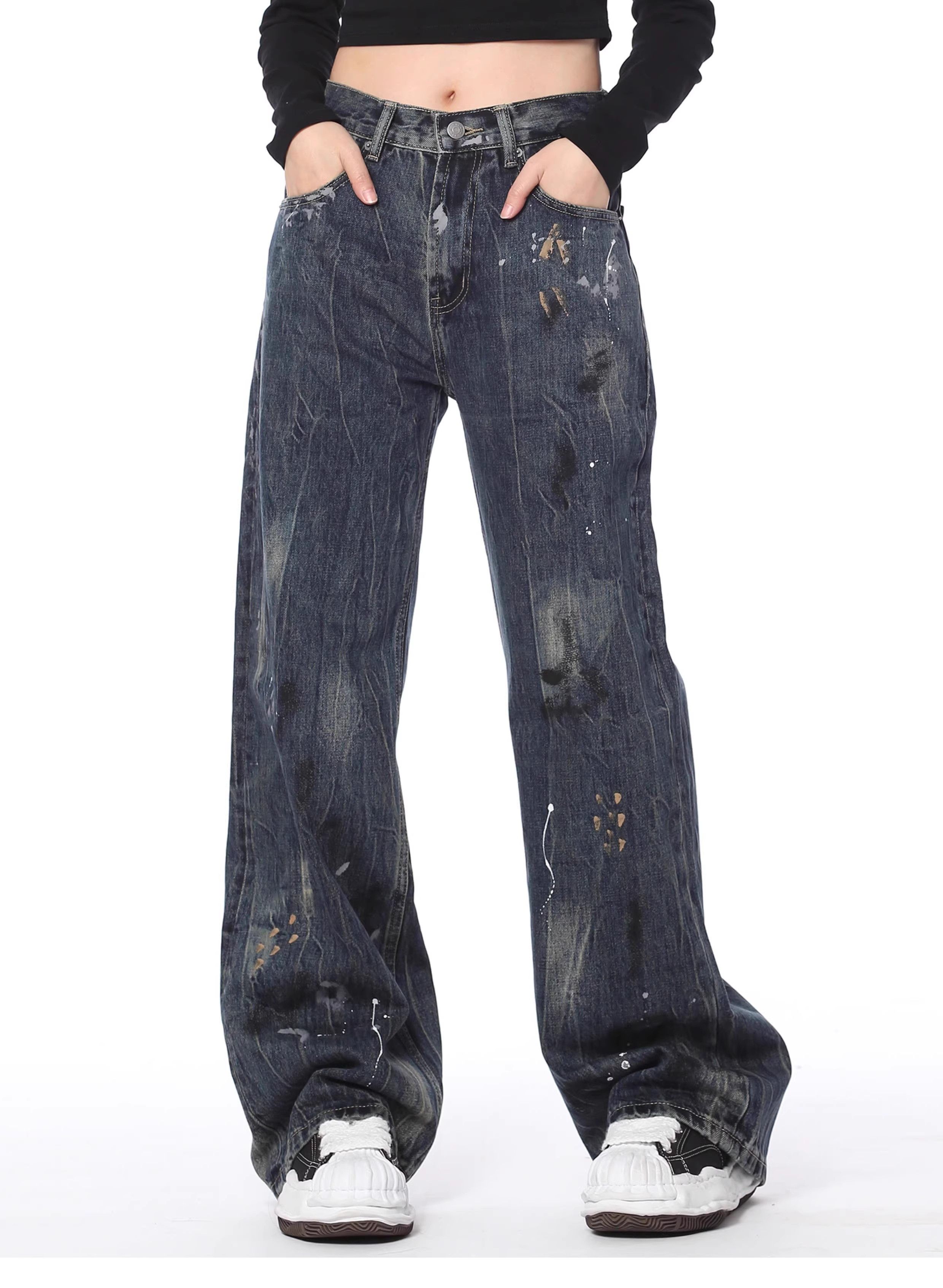 image of Retro Loose Fitting Wide Leg Straight Leg Jeans in Blue, Men's (Size 30)