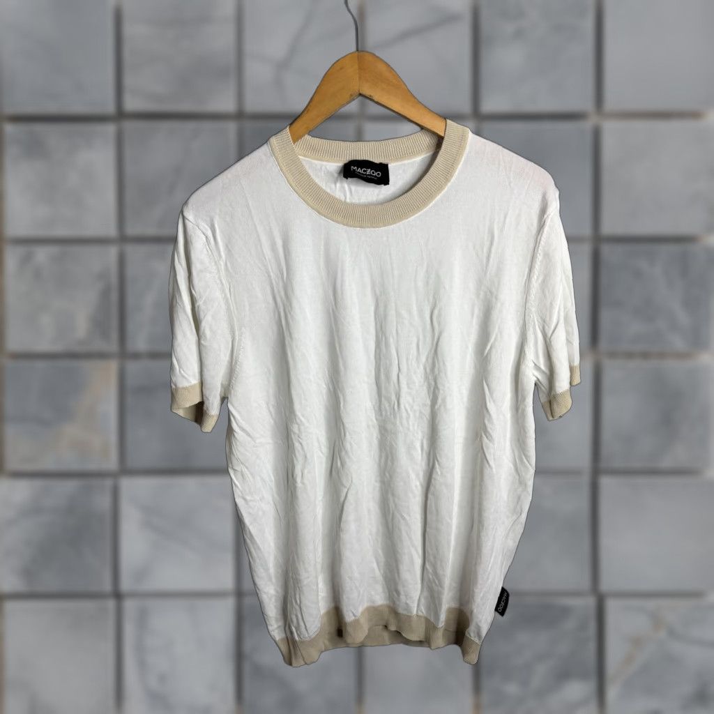 Vintage MACZOO Shirt Mens Medium White Beige Contrast Trim Crewneck Short Sleeve Knit Size US M / EU 48-50 / 2 - 1 Thumbnail