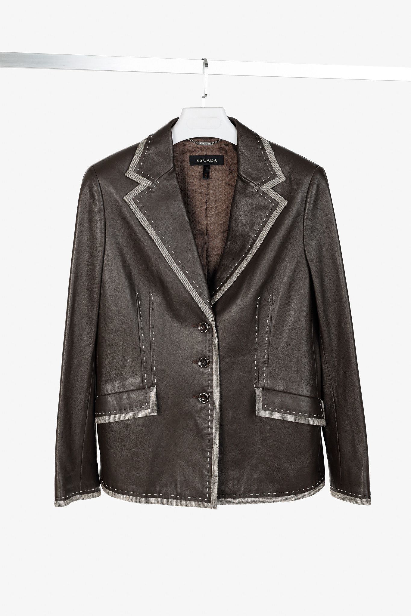 Escada Escada Brown Leather Topstitched & Trimmed Blazer Size L / US 10 / IT 46 - 1 Thumbnail