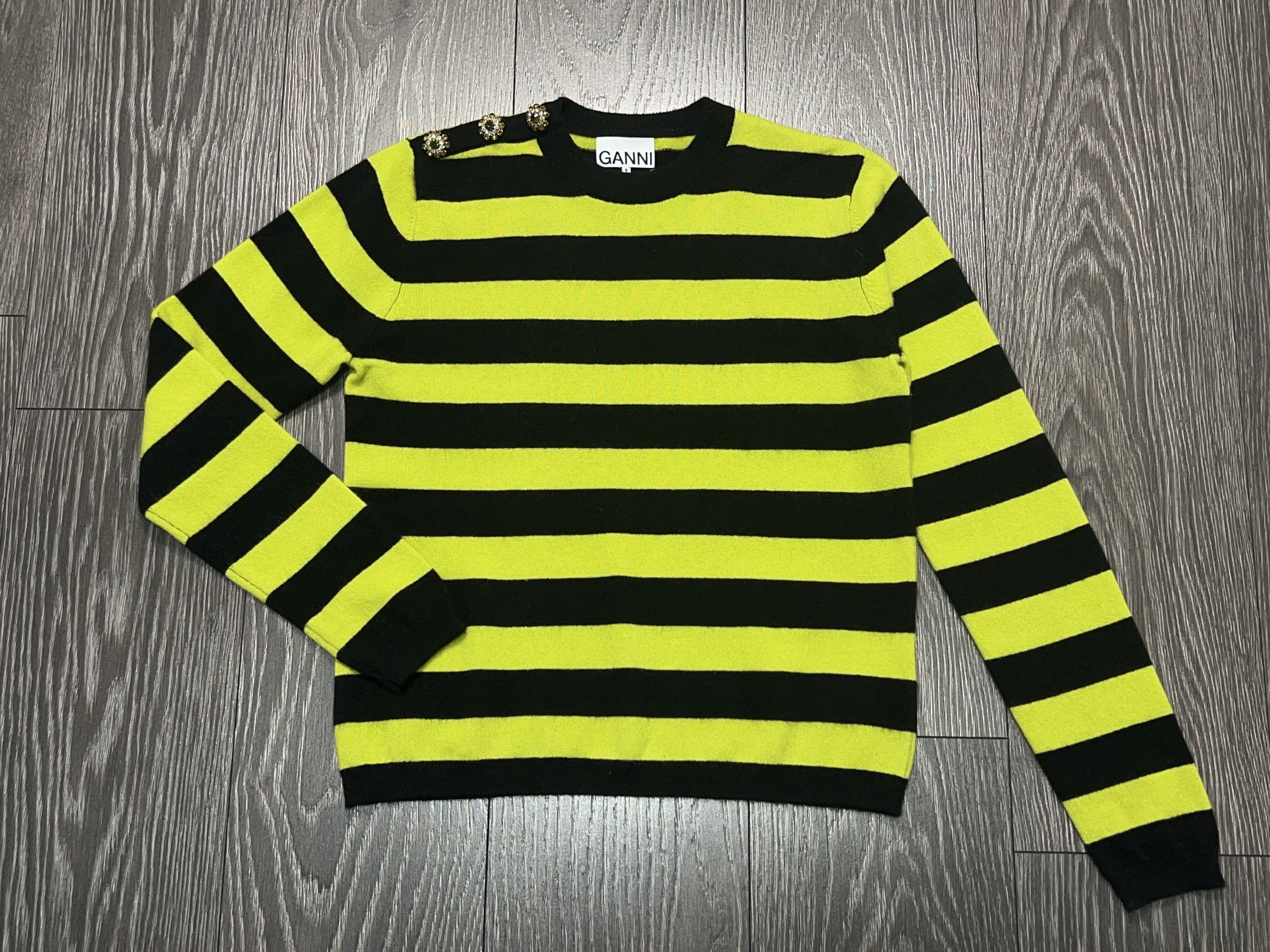 GANNI Button-Embellished Cashmere Striped Sweater Pullover