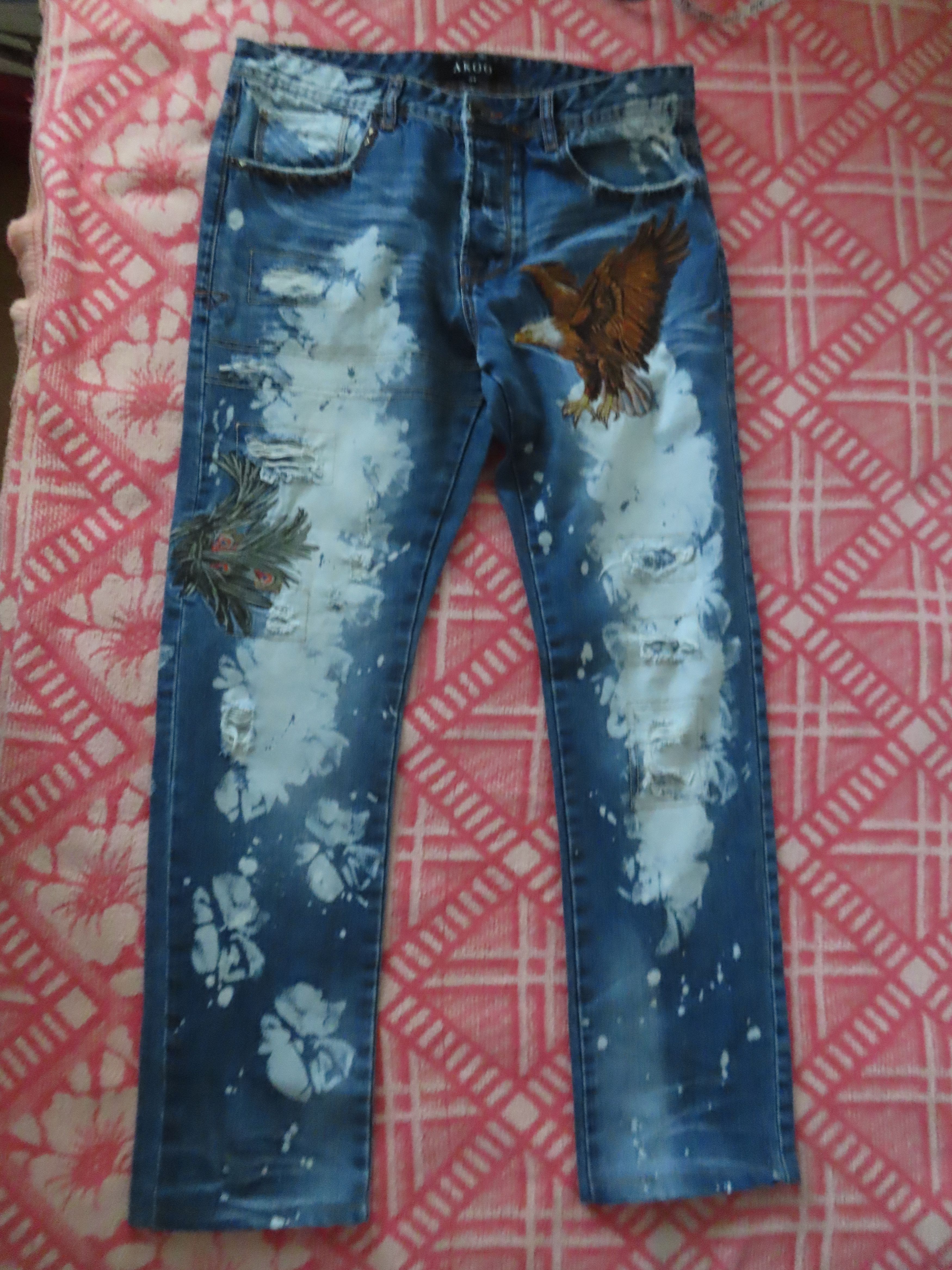 AKOO Artisan Made Distressed Eagle Art Embroidered Jeans