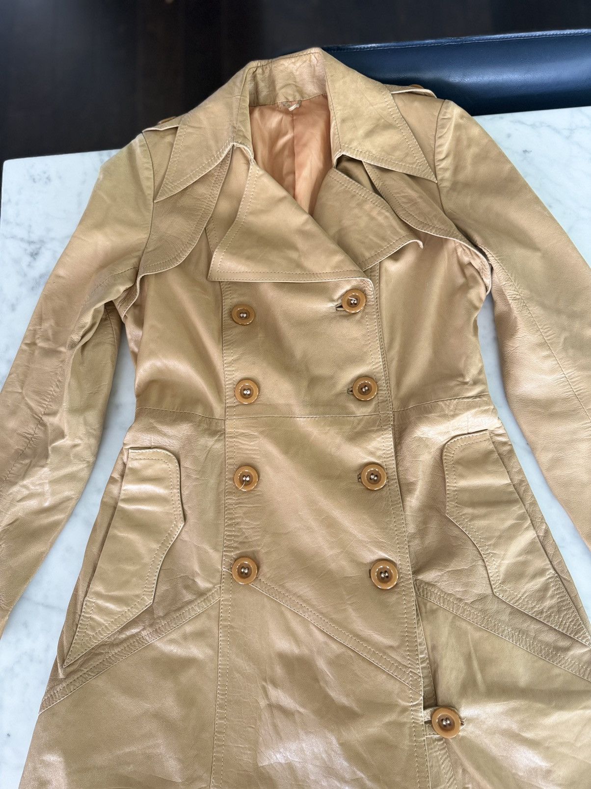 Other Vintage 1960sEuro Camel Leather Double Breasted Trench Coat Size M / US 6-8 / IT 42-44 - 20 Thumbnail