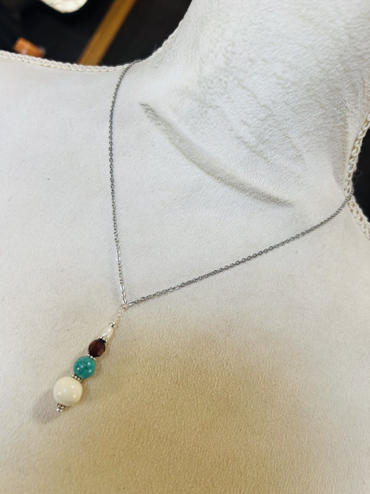 Handmade Handcrafted faux turquoise genuine pearl drop necklace Size ONE SIZE - 2 Thumbnail