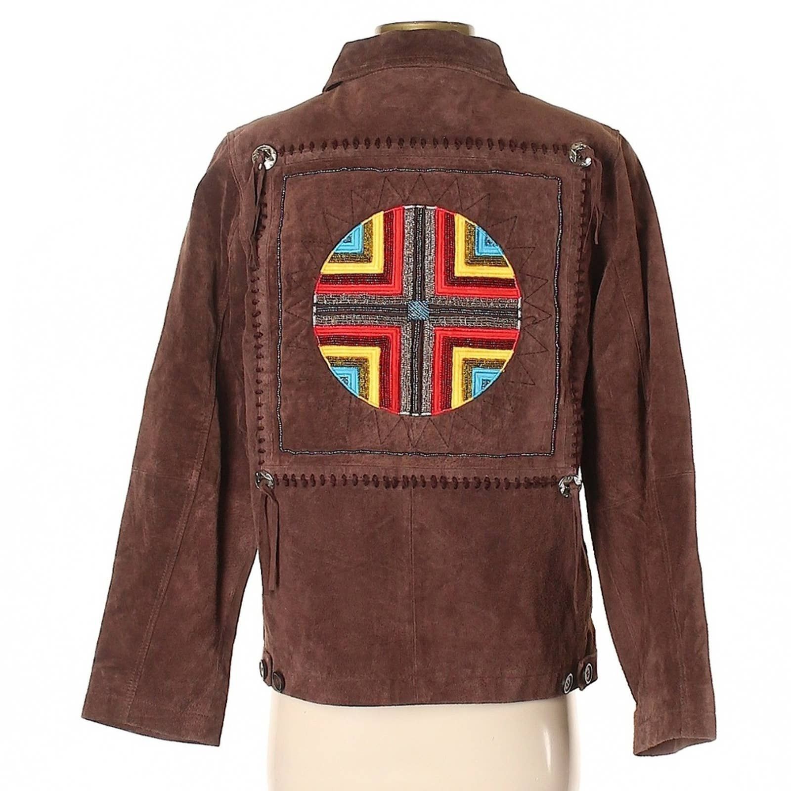 image of Vintage Impressions Beaded Southwest Sun Zip Leather Jacket in Brown, Women's (Size Small)