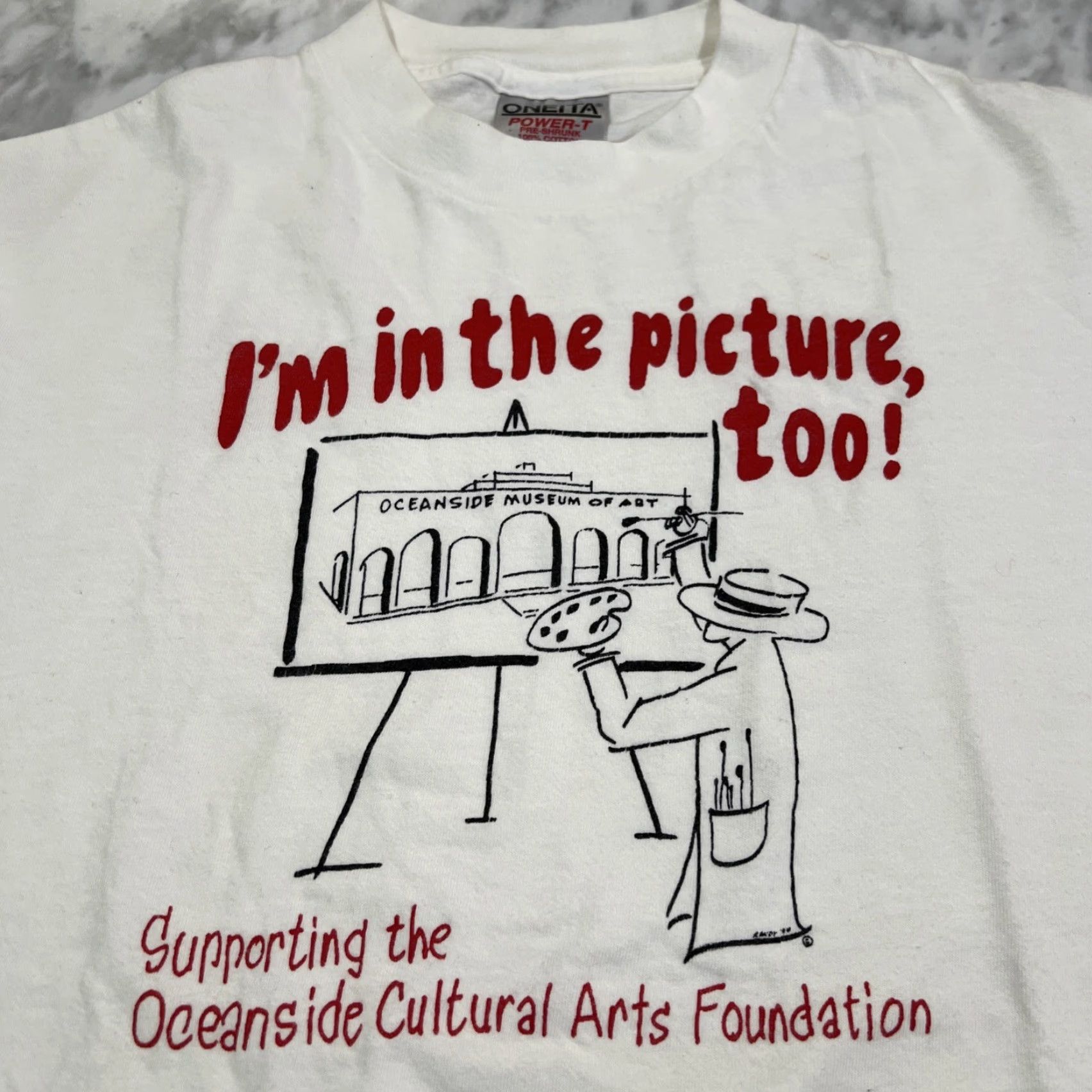 Vintage VINTAGE Oceanside Museum Arts Foundation T shirt Men’s M Single Stitch Oneita Shirt Mens White Cotton Graphic Print 1990s Art Theme Size US M / EU 48-50 / 2 - 2 Thumbnail