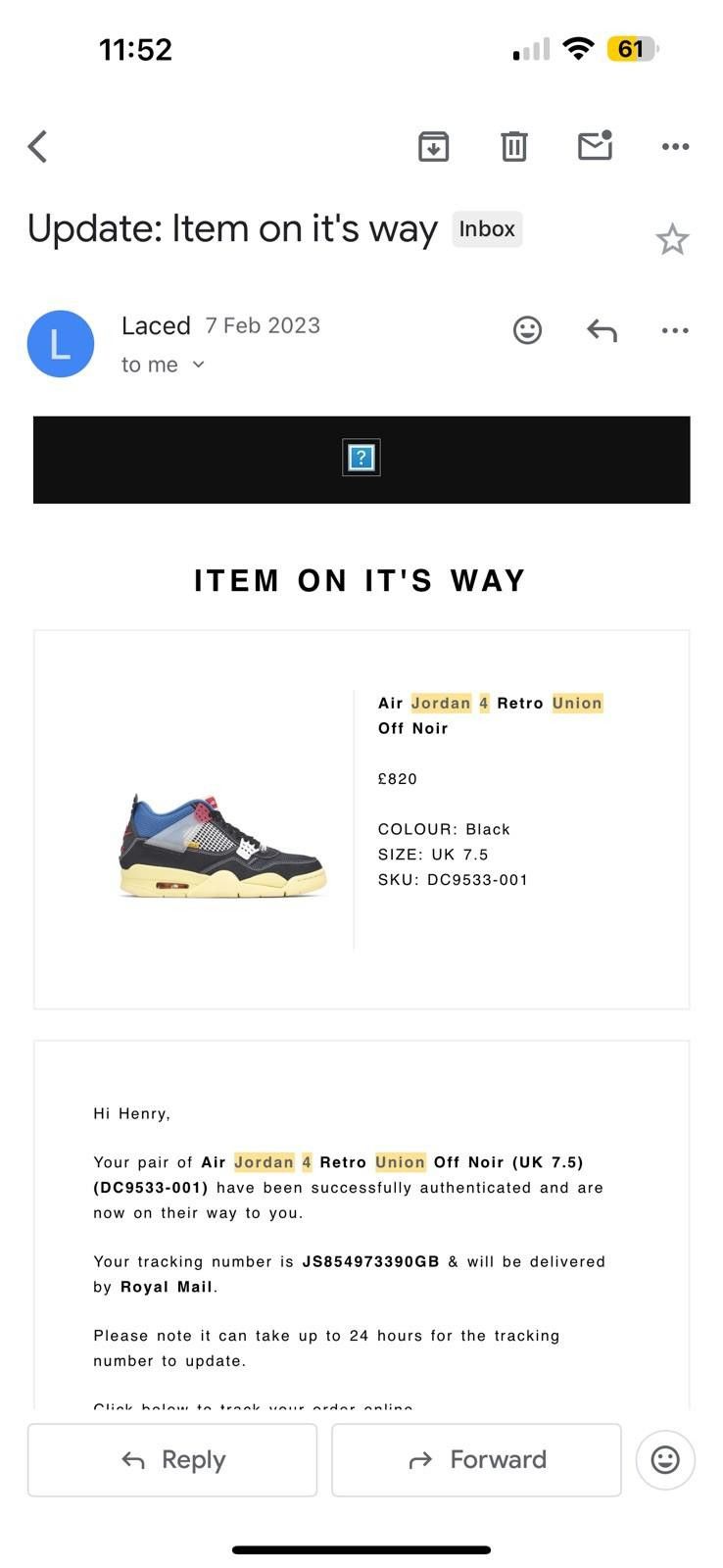Jordan Brand Air Jordan4 Retro x Union LA 'Off Noir' Size 7.5 Size US 8.5 / EU 41-42 - 7 Thumbnail