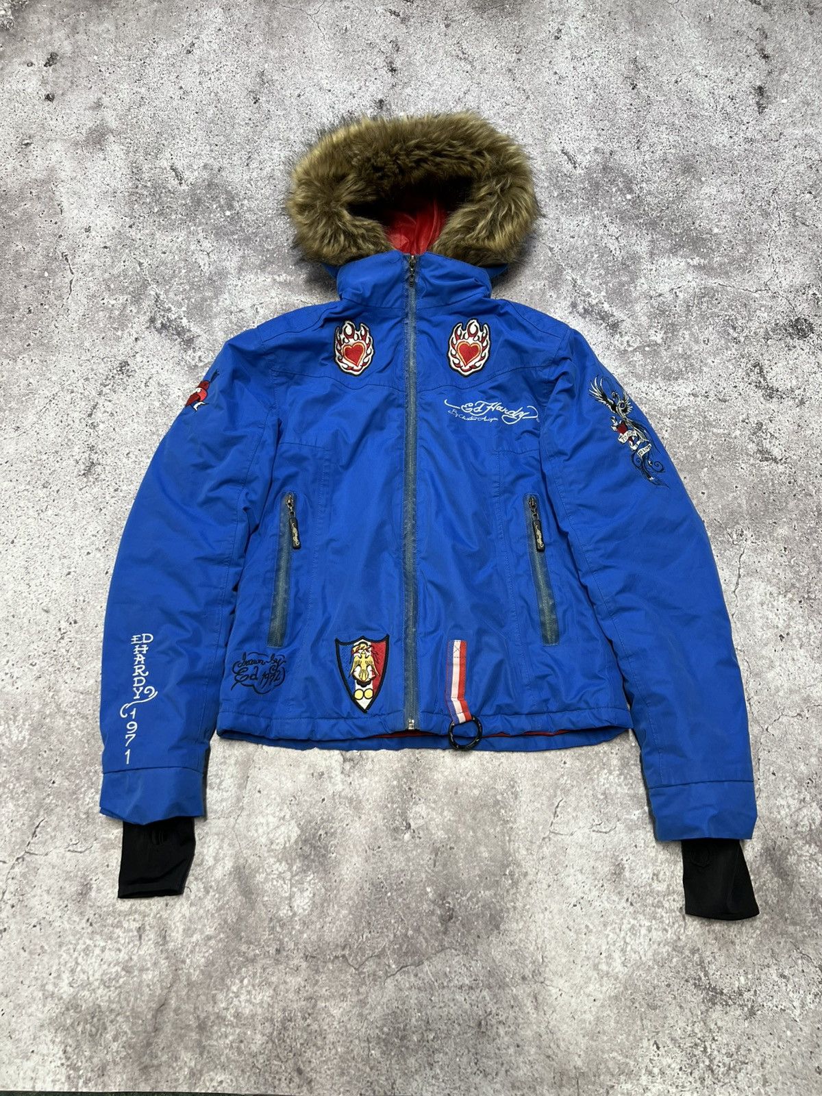 Ed Hardy Ed Hardy by Christian Audigier Embroidered Fur Bomber Jacket Size M / US 6-8 / IT 42-44 - 2 Thumbnail