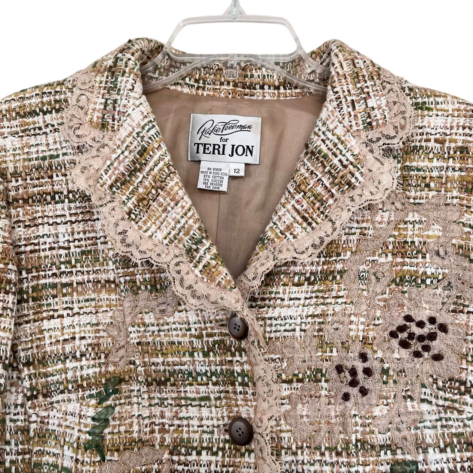 Other Vintage Rickie Freeman Teri Jon Beige Green Tweed Lace Trim Size 34" / US 12 / IT 48 - 3 Thumbnail
