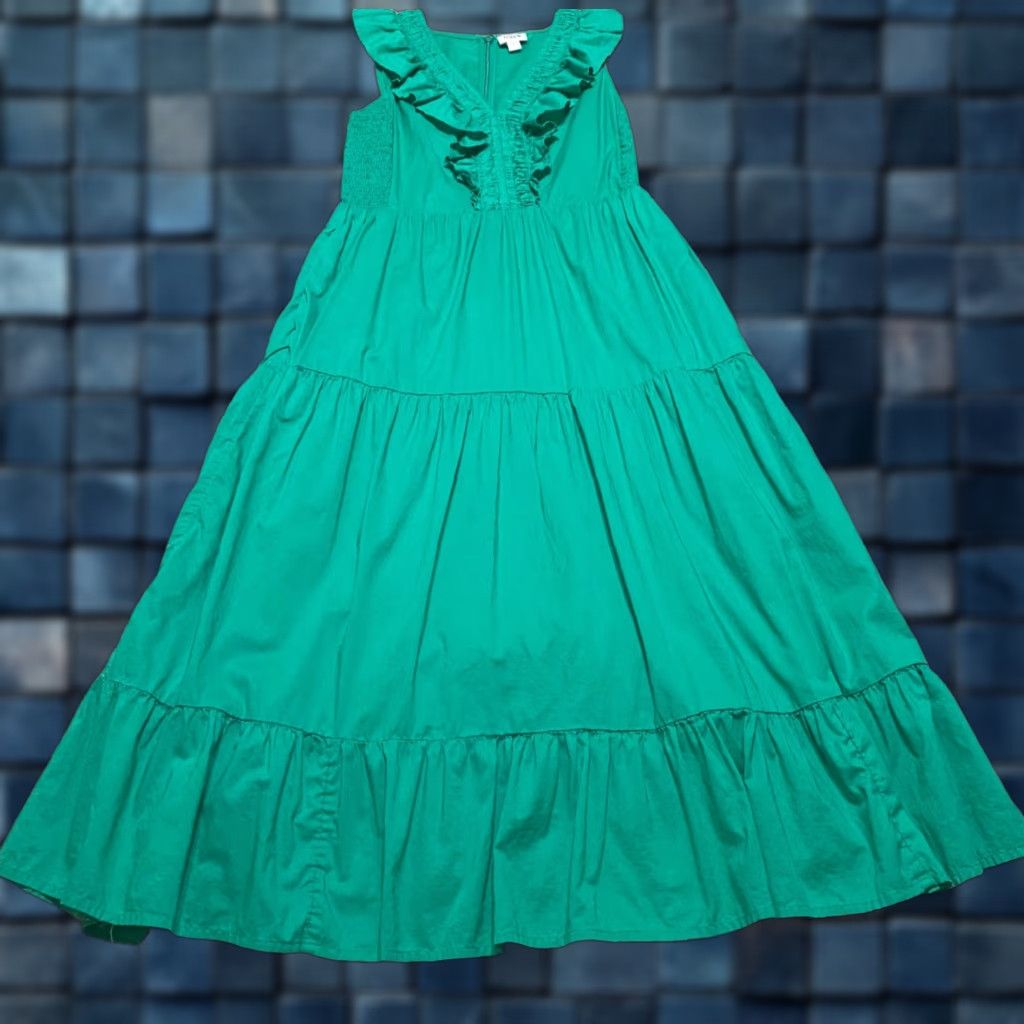 J.Crew J. Crew Dress Womens sz 2 Green Smocked Tiered Ruffled V-Neck Midi A-Line Size XS / US 0-2 / IT 36-38 - 1 Thumbnail