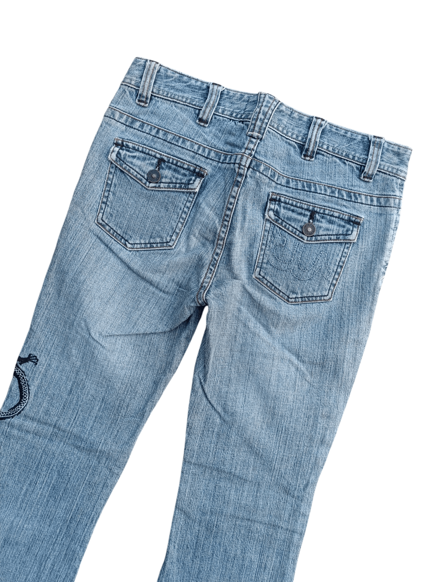 If Six Was Nine × Japanese Brand INSANE Vintage Embroidered Dragon Tribal Flared Denim Jeans Size US 28 / EU 44 - 19 Thumbnail