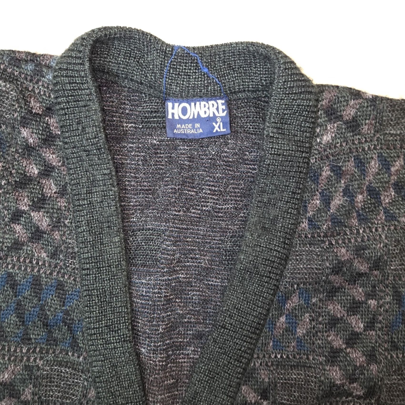 Hombre Cardigan Mens 1XL Green Wool Blend Knit Geometric Sweater V-Neck Classic, Men's — image 4 of 6