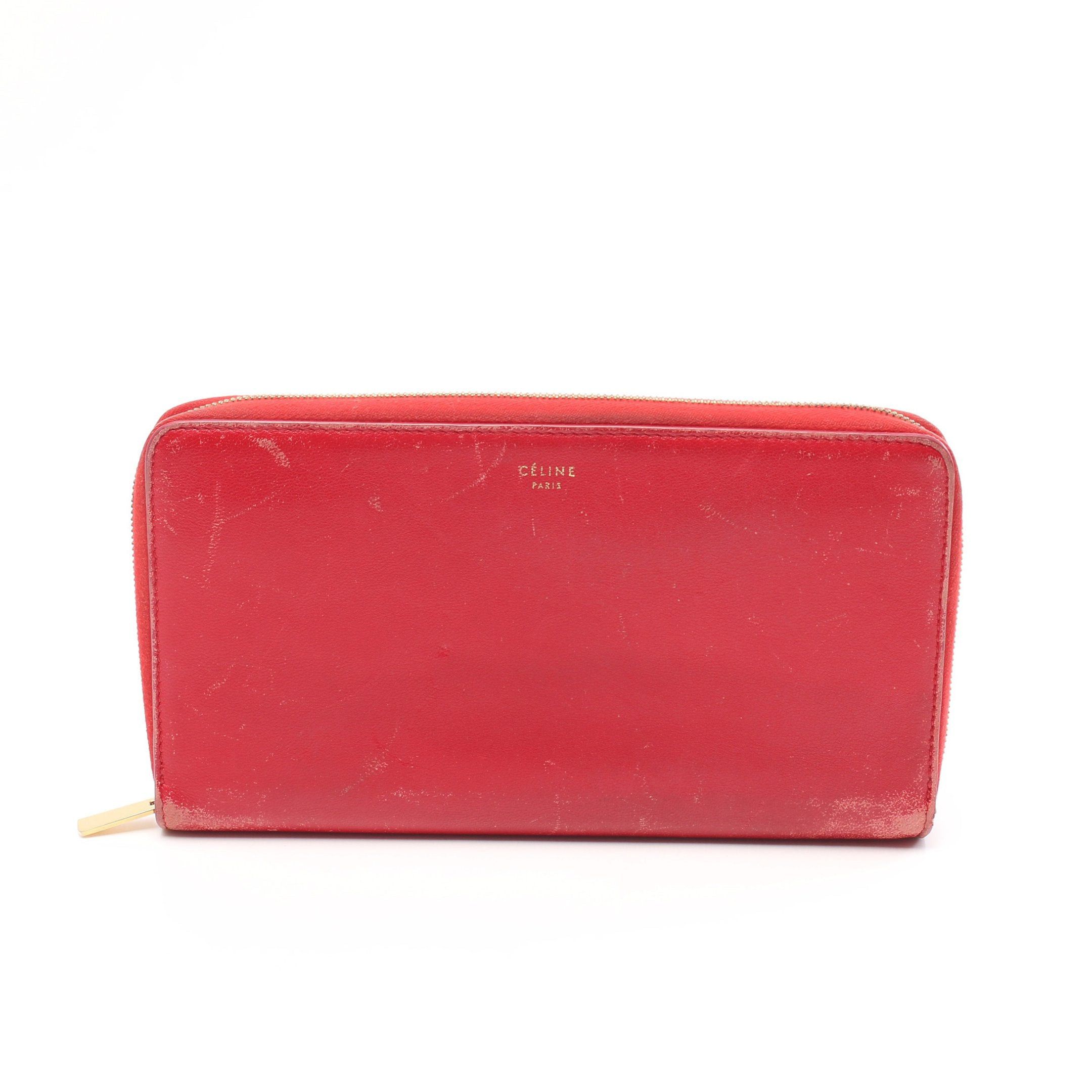 image of Celine Round Zipper Long Wallet Leather Red Logo, Women's