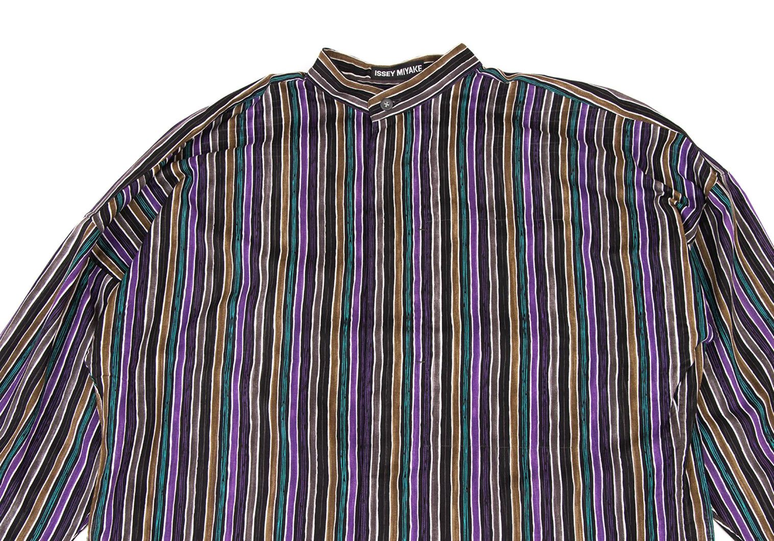 Issey Miyake Cotton Stripe Band Collar Shirt in Black Purple Green Size US M / EU 48-50 / 2 - 2 Thumbnail