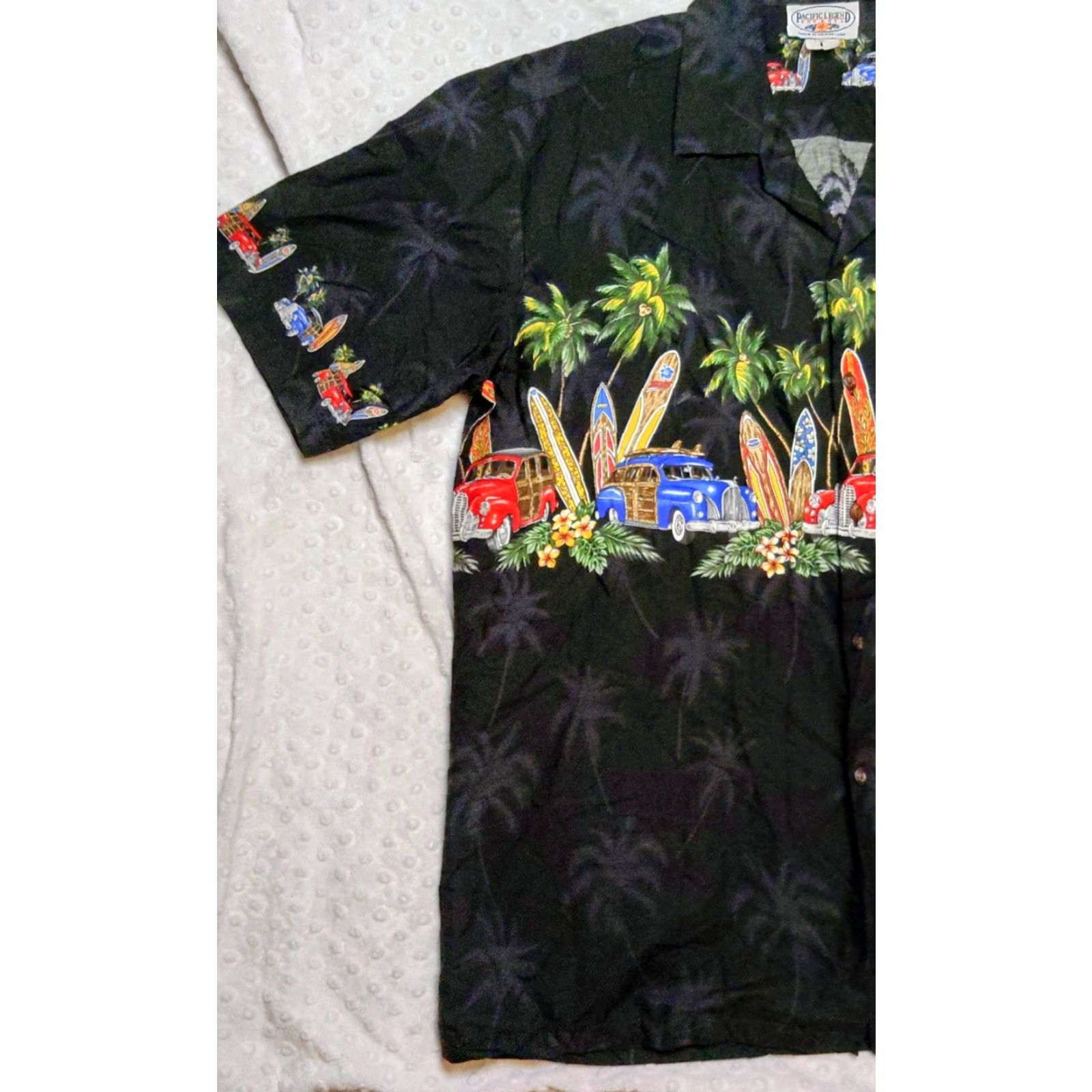 Vintage VINTAGE Pacific Legend Apparel, Inc. Hawaiian Shirt Mens Large Black 100% Cotton Woodie Cars Surfboard Beach Aloha 90s Size US L / EU 52-54 / 3 - 3 Thumbnail