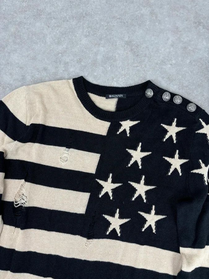 Balmain SS2016 Balmain Black Cream Linen Stars Ripped Sweater Size US L / EU 52-54 / 3 - 4 Thumbnail