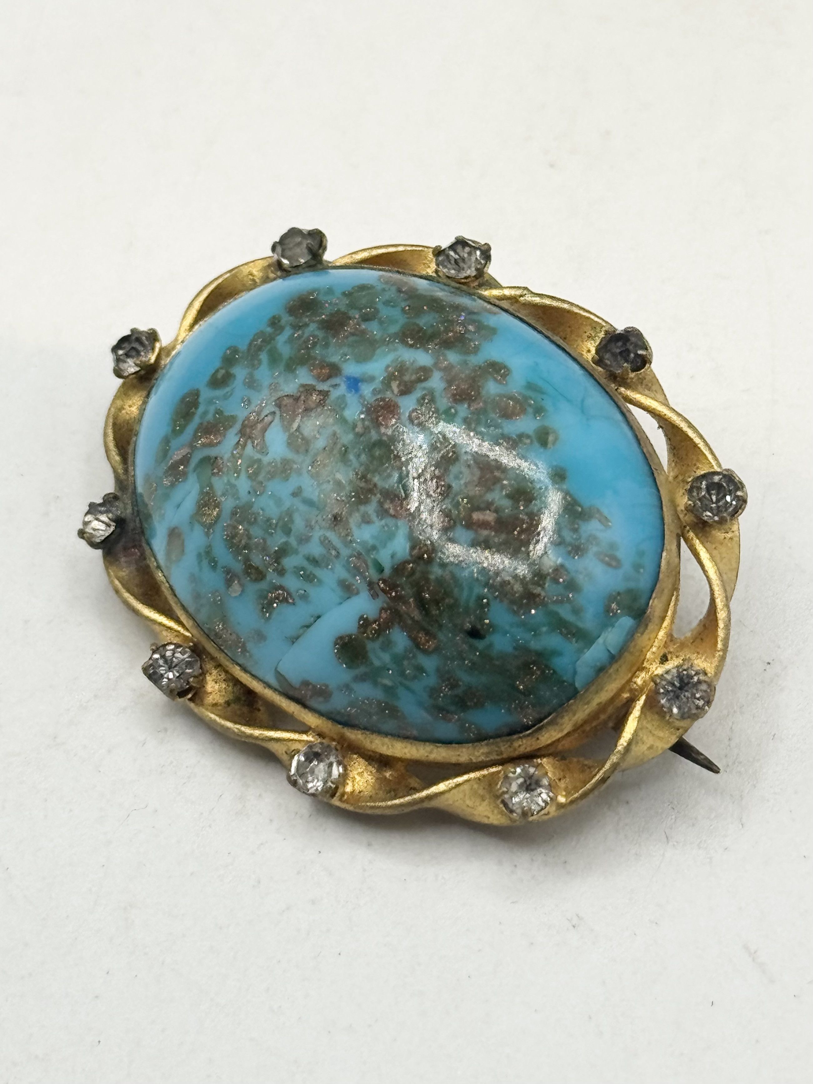 Vintage Antique blue art glass rhinestone brooch pin Size ONE SIZE - 4 Thumbnail