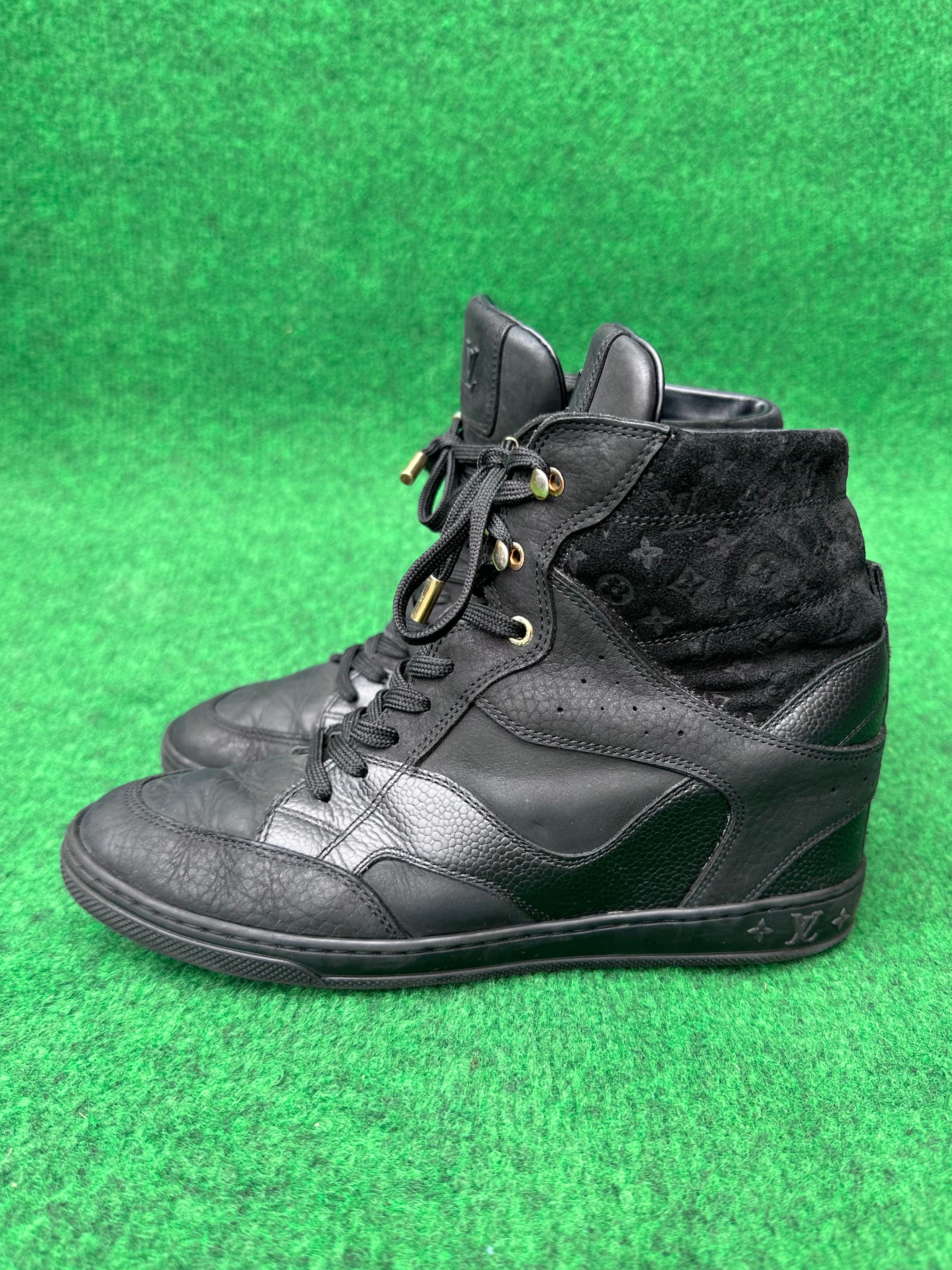 LOUIS VUITTON Calfskin Suede Monogram Cliff Top Wedge Sneakers 39.5 Black  319507