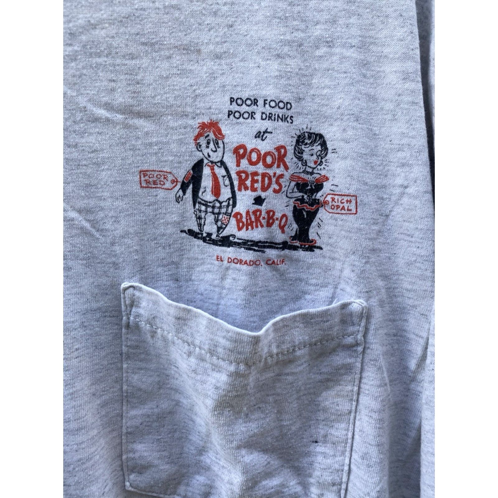 Vintage VINTAGE Oneita Poor Reds BarBQ 50 Golden Years Pocket Tee XL Red Mens T-Shirt California Cars 1990s Size US XL / EU 56 / 4 - 3 Thumbnail