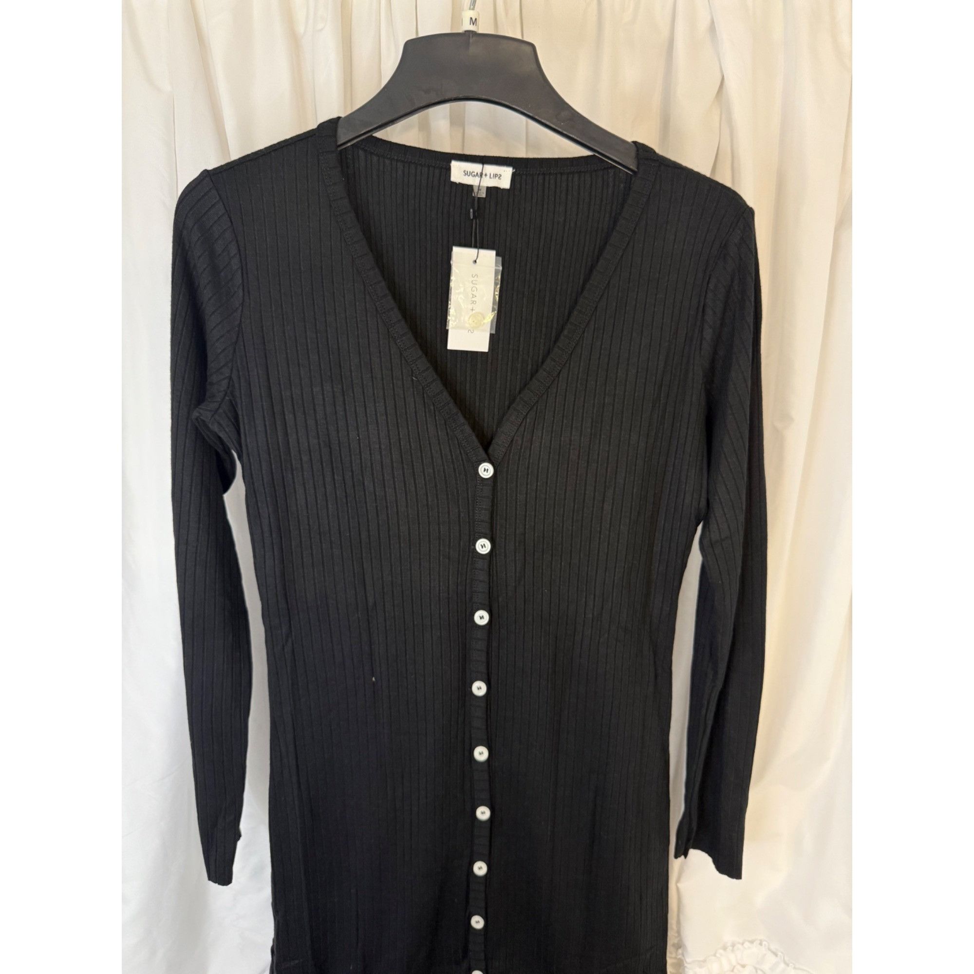 Other Sugar + Lips Black Ribbed Knit Button-Up Midi Cardigan Dress Size M / US 6-8 / IT 42-44 - 7 Thumbnail