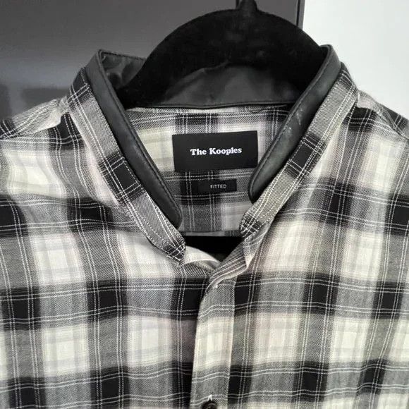 The Kooples Kooples White/Black Plaid Shirt with Leather Collar Size US M / EU 48-50 / 2 - 2 Thumbnail