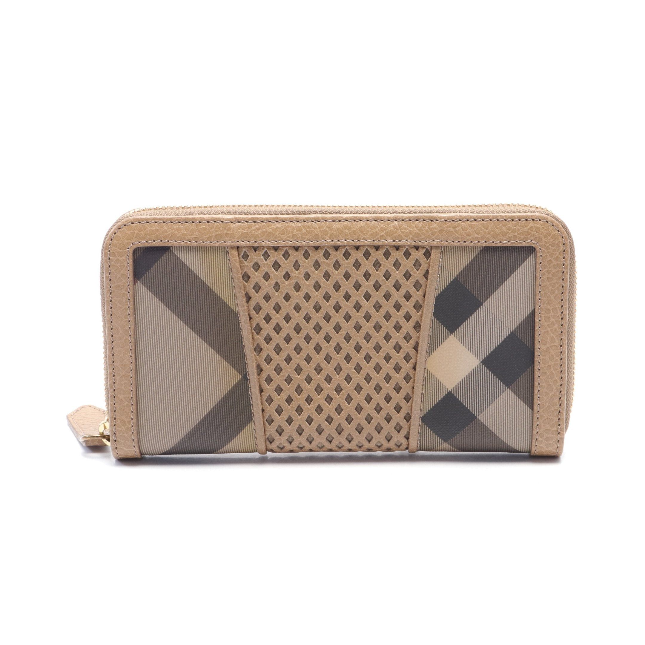 image of Burberry Round Zipper Long Wallet Check Pvc Leather Beige Multicolor, Women's