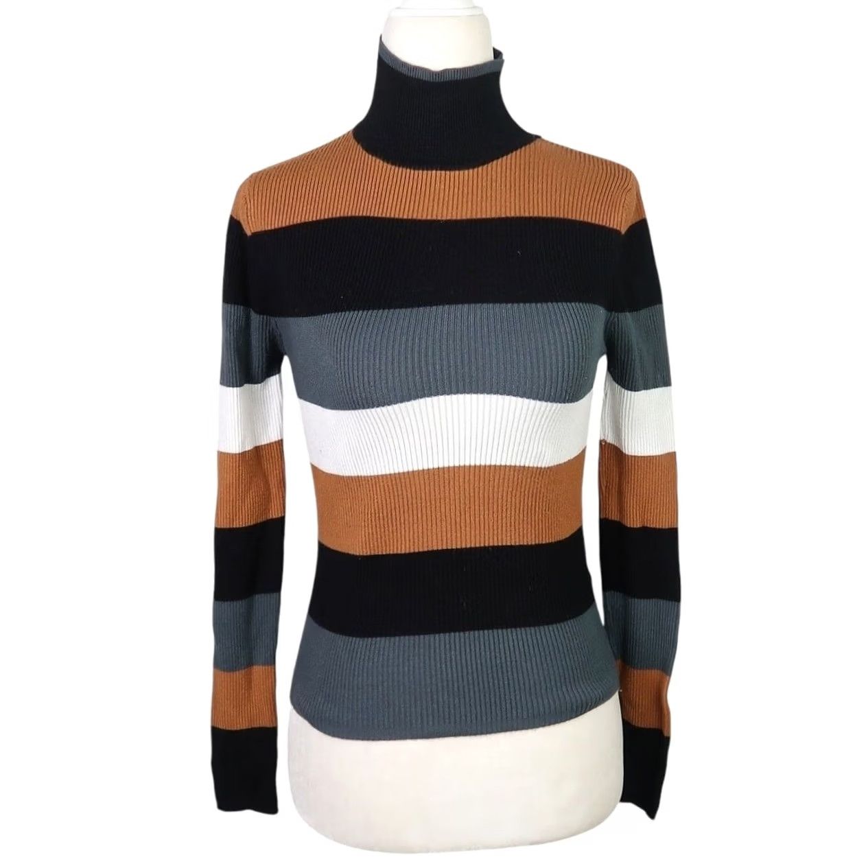 Zara VINTAGE Zara black tan grey white ribbed knit turtleneck sweater S Ladies Pullover Winter Casual Striped Long Sleeve Knit Size S / US 4 / IT 40 - 2 Thumbnail