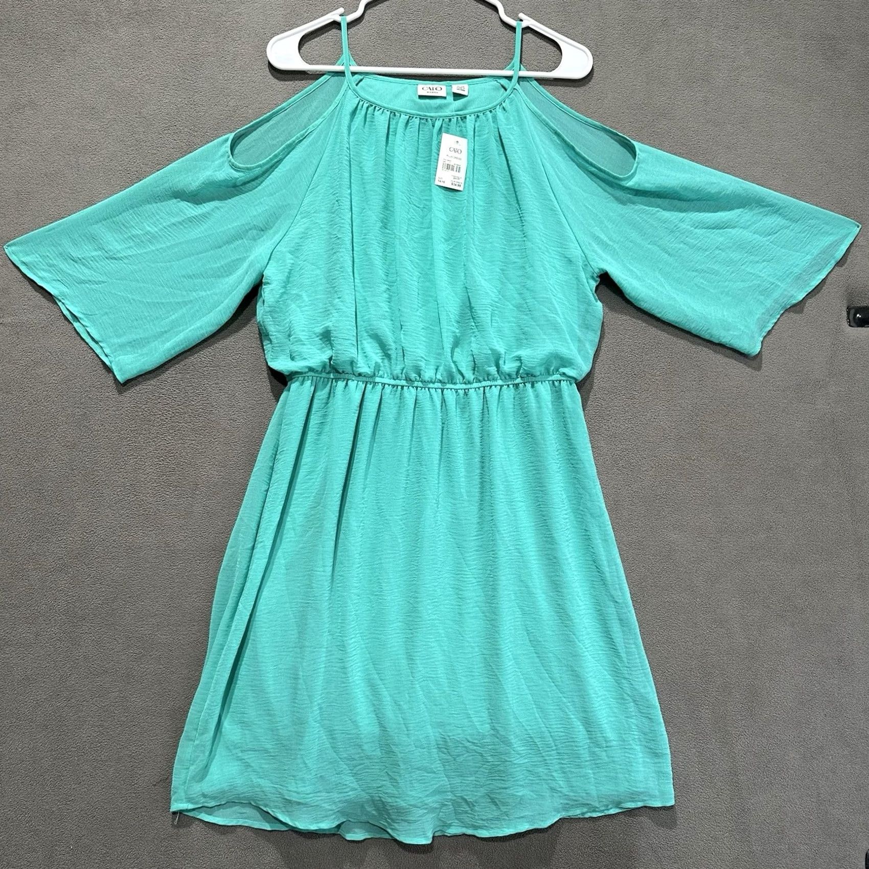Vintage NWT Cato Dress Womens 16W Pool Green Cold Shoulder Short Sleeve Elastic Waist Dress Size 38" / US 16 / IT 52 - 2 Thumbnail