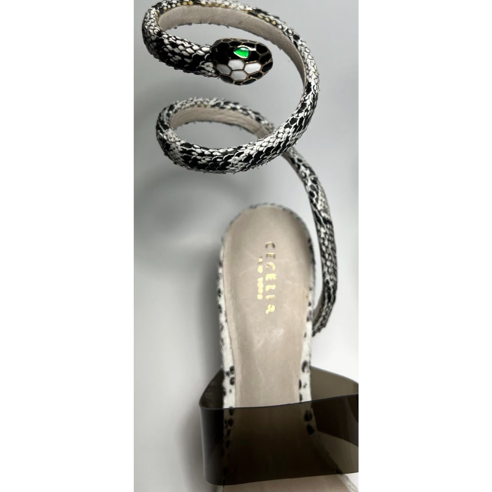 Vintage Cecelia New York Sabrina Ankle Wrap Sandal Black White Snake Embossed 10 Women Heel Strappy Leather Synthetic Snake 90s? Size US 10 / IT 40 - 5 Thumbnail