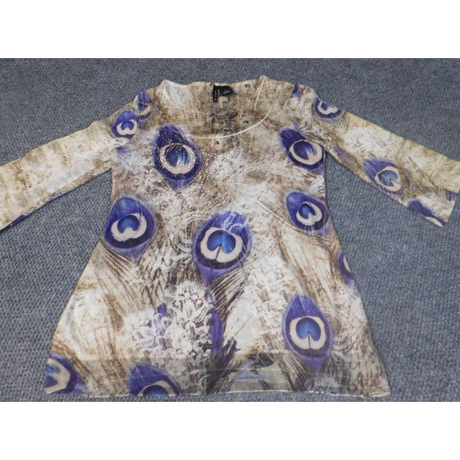 Vintage New Directions Blouse Shirt Womens Small Beige Floral Round Neck Long Sleeve Pullover Stretch Regular Casual Tee Size S / US 4 / IT 40 - 3 Thumbnail